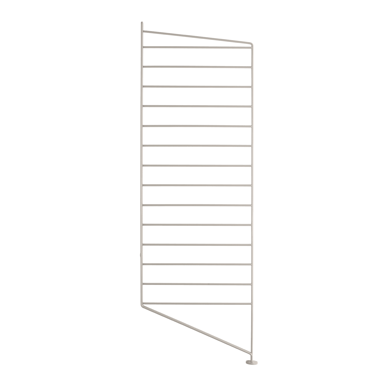 The floor panels are available in three heights, 85 cm, 115 cm, 200 cm along with one depth, 30 cm. The panels are the base when building your string shelf. When the panels are decided you can start adding products with 30 cm depth from String® System. Choose among shelves, cabinets, drawers, magazine shelves and more. The foot of the floor panel rests against the floor which makes the shelf stable while appearing light and airy. Make your shelf even more functional and unique by adding organizers, knife holder or a magazine holder, which all are placed on the panel’s threads. The panels come in two different packaging’s, either with one floor panel or two floor panels.