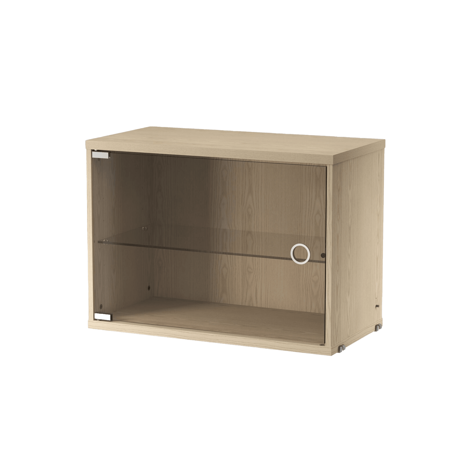 The Display Cabinet with Swing Glass Door is available in a width of 58 cm and a depth of 30 cm. It's compatible with all 30 cm deep wire and plex panels from String® System. Adding a bold element like a display cabinet enhances the visual appeal of your shelf while providing extra storage and the opportunity to display delicate items. The door can be mounted on either side of the cabinet. It includes one adjustable inner shelf, and the internal dimensions are w54 x d26 x h38 cm. The cabinet is delivered unassembled.