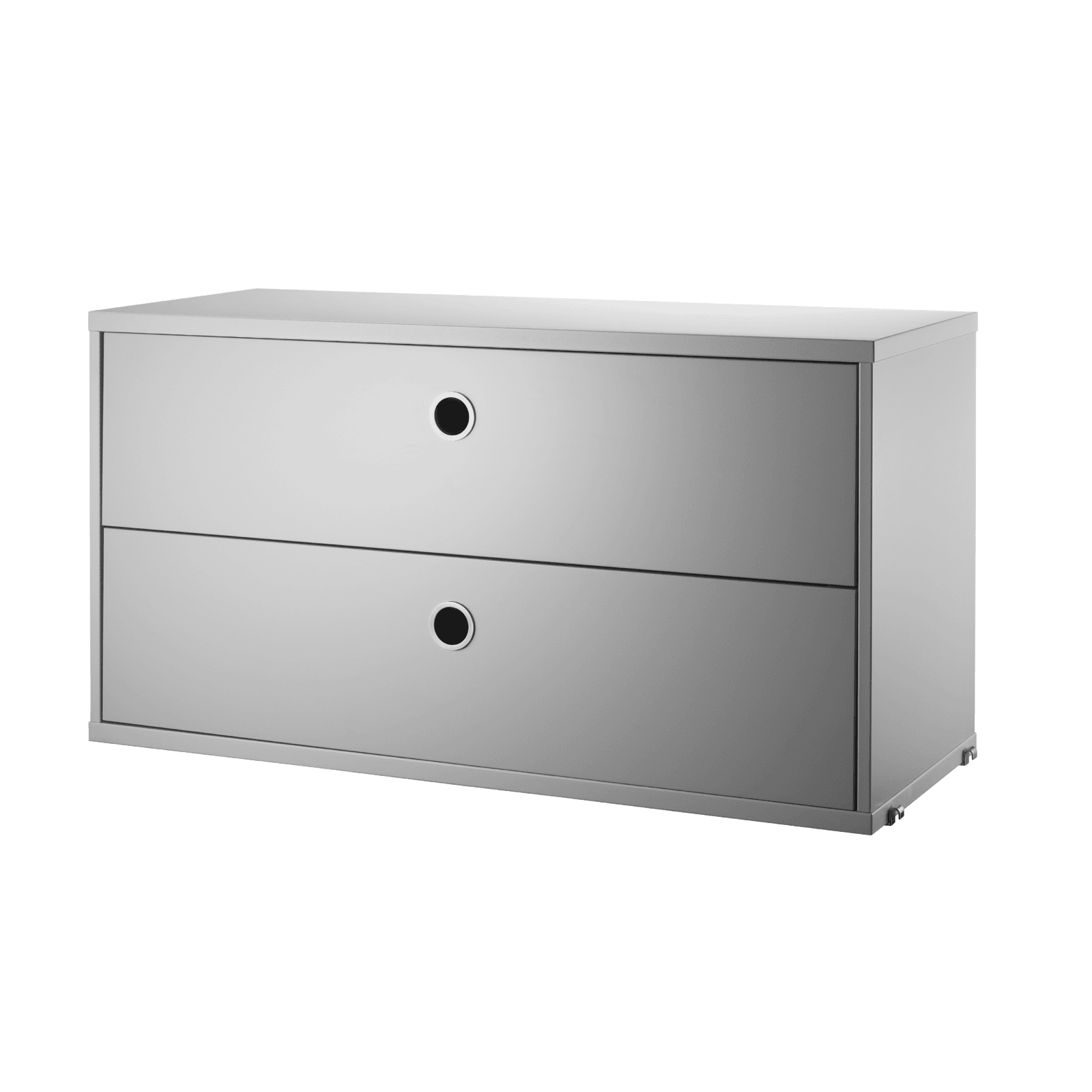 The chests of drawers are available in two widths, 78 and 58 cm, and one depth, 30 cm. The chests of drawers fit into all 30 cm deep wire and plex panels from String® System. They are designed with two drawers to offer hidden storage in your shelving combination. The chests of drawers are a great fit in either the hallway, living room or kids’ room where the need for hidden storage often is big. Chest of drawer w58 x d30 x h42 cm has internal dimensions (for each drawer) depth 23.7 cm, width 51.3 cm and height 16 cm. Chest of drawer w78 x d30 x h42 cm has internal dimensions (for each drawer) depth 23.7 cm, width 71.3 cm and height 16 cm. The chests of drawers are delivered unassembled.