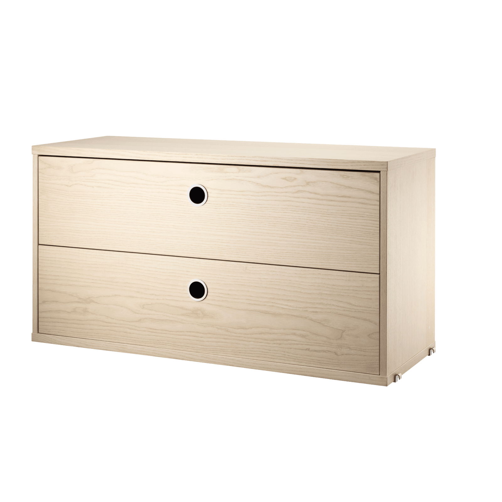The chests of drawers are available in two widths, 78 and 58 cm, and one depth, 30 cm. The chests of drawers fit into all 30 cm deep wire and plex panels from String® System. They are designed with two drawers to offer hidden storage in your shelving combination. The chests of drawers are a great fit in either the hallway, living room or kids’ room where the need for hidden storage often is big. Chest of drawer w58 x d30 x h42 cm has internal dimensions (for each drawer) depth 23.7 cm, width 51.3 cm and height 16 cm. Chest of drawer w78 x d30 x h42 cm has internal dimensions (for each drawer) depth 23.7 cm, width 71.3 cm and height 16 cm. The chests of drawers are delivered unassembled.