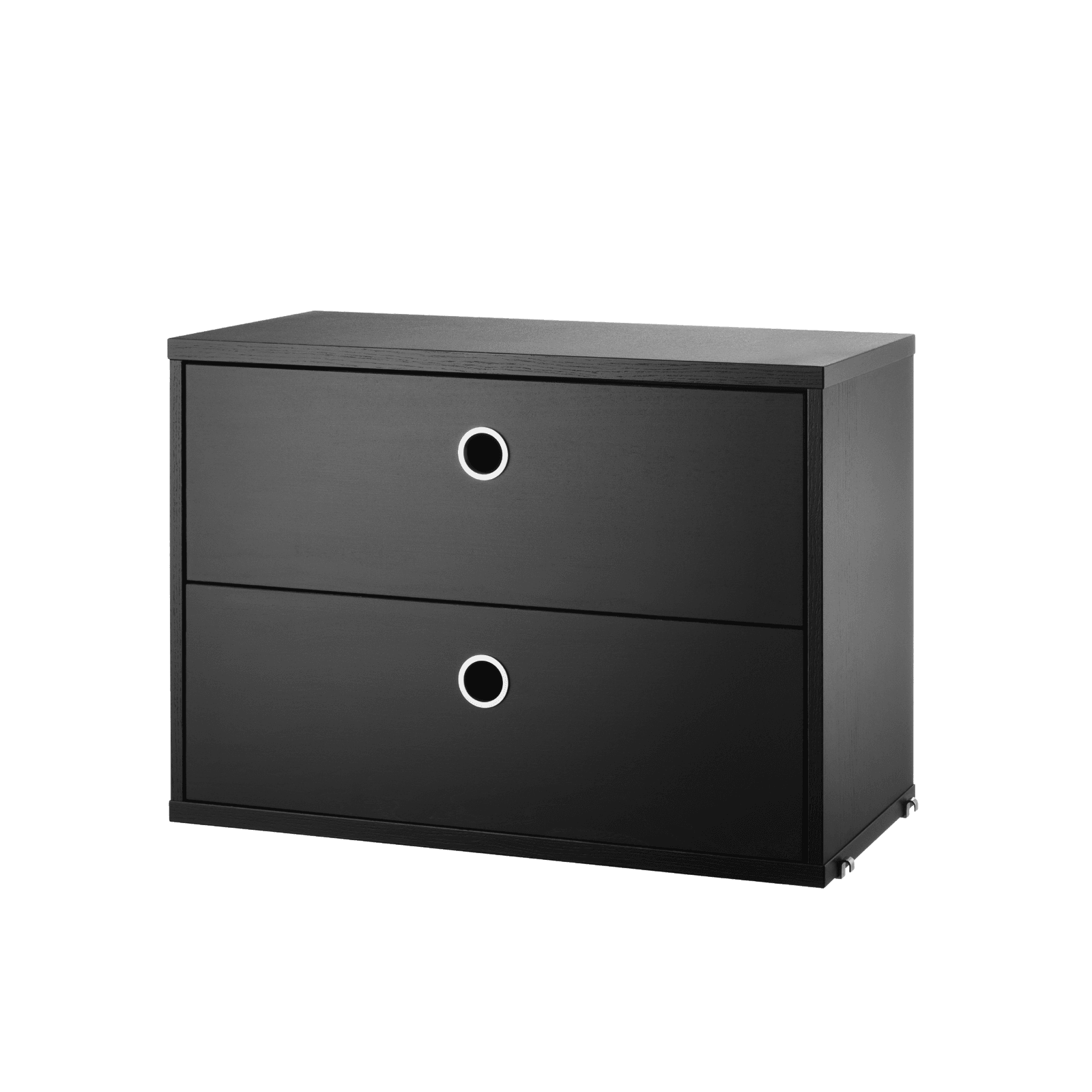 The chests of drawers are available in two widths, 78 and 58 cm, and one depth, 30 cm. The chests of drawers fit into all 30 cm deep wire and plex panels from String® System. They are designed with two drawers to offer hidden storage in your shelving combination. The chests of drawers are a great fit in either the hallway, living room or kids’ room where the need for hidden storage often is big. Chest of drawer w58 x d30 x h42 cm has internal dimensions (for each drawer) depth 23.7 cm, width 51.3 cm and height 16 cm. Chest of drawer w78 x d30 x h42 cm has internal dimensions (for each drawer) depth 23.7 cm, width 71.3 cm and height 16 cm. The chests of drawers are delivered unassembled.