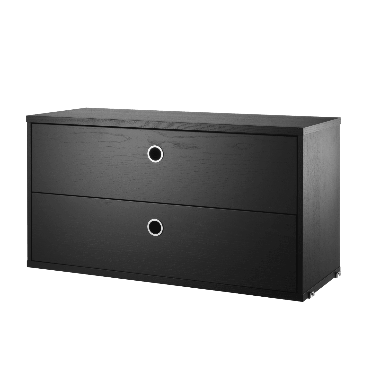 The chests of drawers are available in two widths, 78 and 58 cm, and one depth, 30 cm. The chests of drawers fit into all 30 cm deep wire and plex panels from String® System. They are designed with two drawers to offer hidden storage in your shelving combination. The chests of drawers are a great fit in either the hallway, living room or kids’ room where the need for hidden storage often is big. Chest of drawer w58 x d30 x h42 cm has internal dimensions (for each drawer) depth 23.7 cm, width 51.3 cm and height 16 cm. Chest of drawer w78 x d30 x h42 cm has internal dimensions (for each drawer) depth 23.7 cm, width 71.3 cm and height 16 cm. The chests of drawers are delivered unassembled.