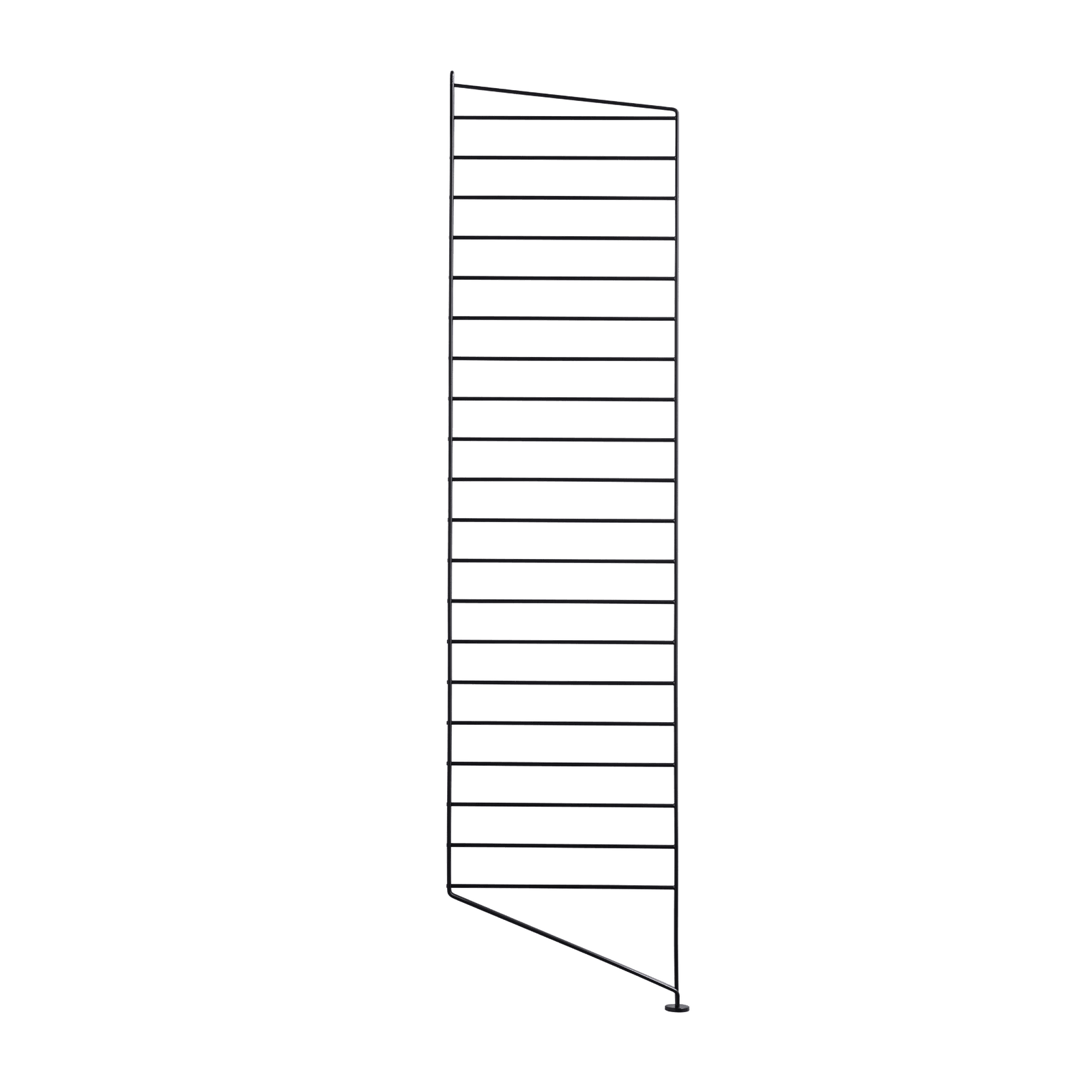 The floor panels are available in three heights, 85 cm, 115 cm, 200 cm along with one depth, 30 cm. The panels are the base when building your string shelf. When the panels are decided you can start adding products with 30 cm depth from String® System. Choose among shelves, cabinets, drawers, magazine shelves and more. The foot of the floor panel rests against the floor which makes the shelf stable while appearing light and airy. Make your shelf even more functional and unique by adding organizers, knife holder or a magazine holder, which all are placed on the panel’s threads. The panels come in two different packaging’s, either with one floor panel or two floor panels.