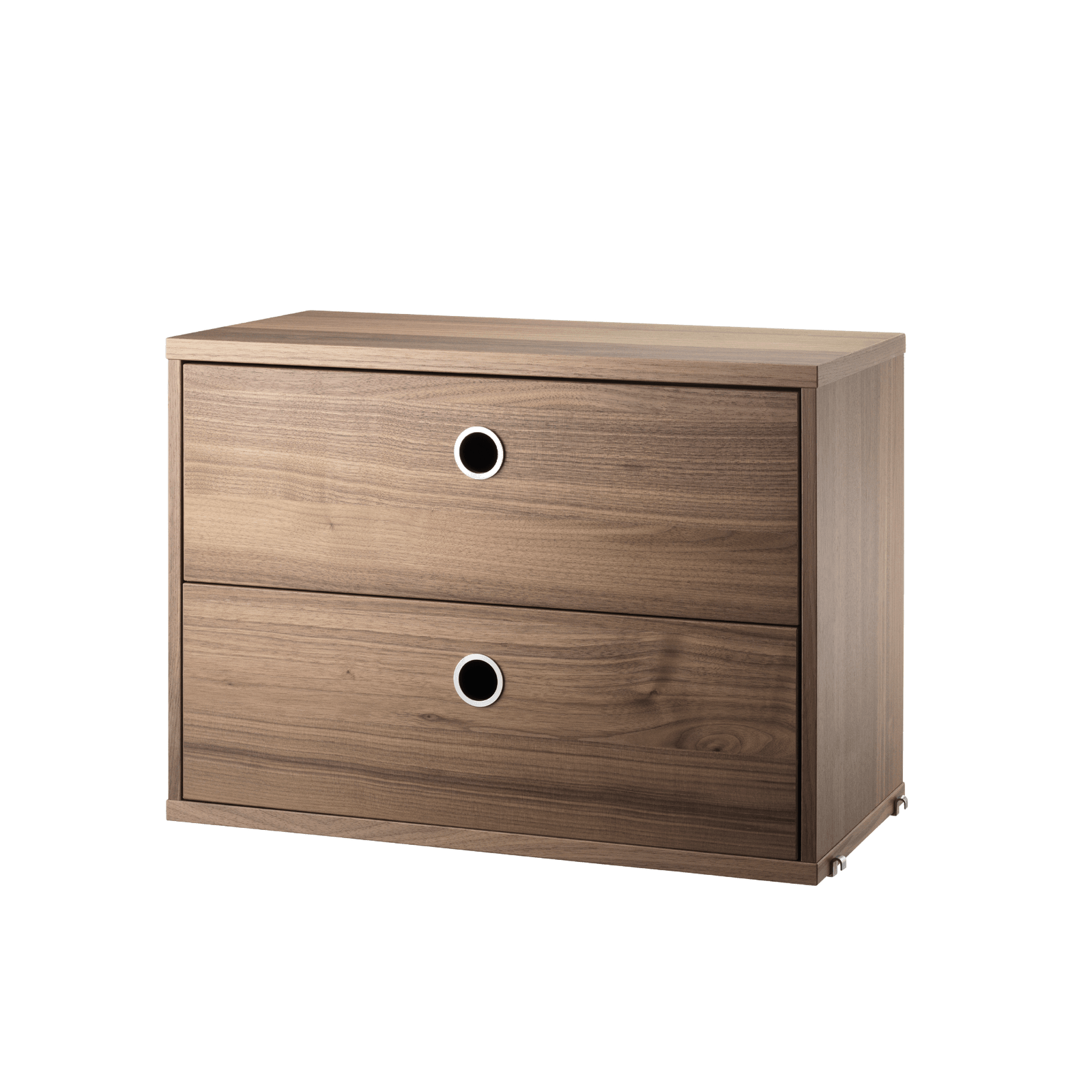 The chests of drawers are available in two widths, 78 and 58 cm, and one depth, 30 cm. The chests of drawers fit into all 30 cm deep wire and plex panels from String® System. They are designed with two drawers to offer hidden storage in your shelving combination. The chests of drawers are a great fit in either the hallway, living room or kids’ room where the need for hidden storage often is big. Chest of drawer w58 x d30 x h42 cm has internal dimensions (for each drawer) depth 23.7 cm, width 51.3 cm and height 16 cm. Chest of drawer w78 x d30 x h42 cm has internal dimensions (for each drawer) depth 23.7 cm, width 71.3 cm and height 16 cm. The chests of drawers are delivered unassembled.