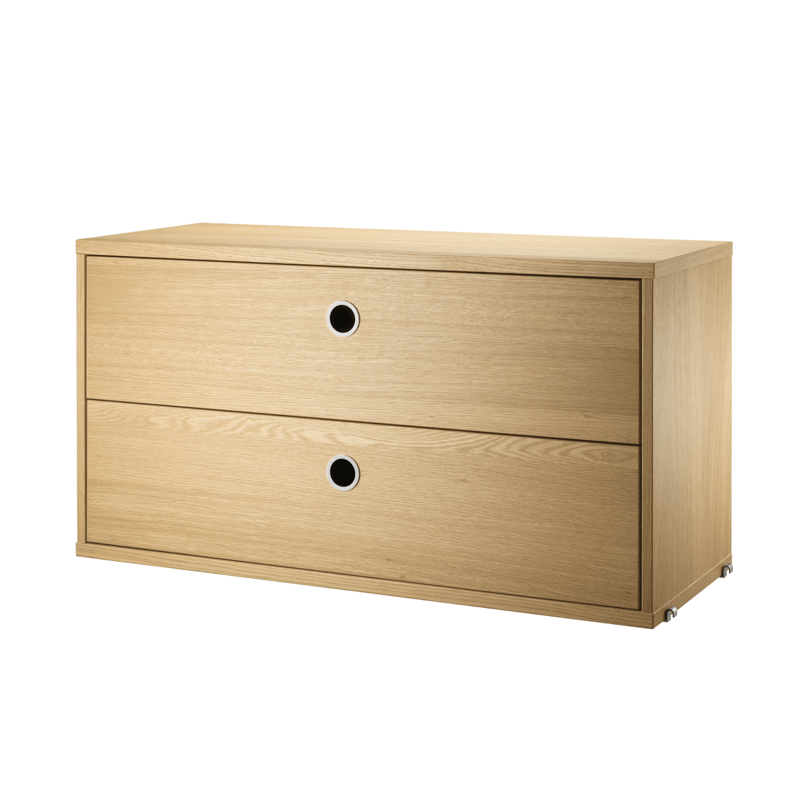 The chests of drawers are available in two widths, 78 and 58 cm, and one depth, 30 cm. The chests of drawers fit into all 30 cm deep wire and plex panels from String® System. They are designed with two drawers to offer hidden storage in your shelving combination. The chests of drawers are a great fit in either the hallway, living room or kids’ room where the need for hidden storage often is big. Chest of drawer w58 x d30 x h42 cm has internal dimensions (for each drawer) depth 23.7 cm, width 51.3 cm and height 16 cm. Chest of drawer w78 x d30 x h42 cm has internal dimensions (for each drawer) depth 23.7 cm, width 71.3 cm and height 16 cm. The chests of drawers are delivered unassembled.