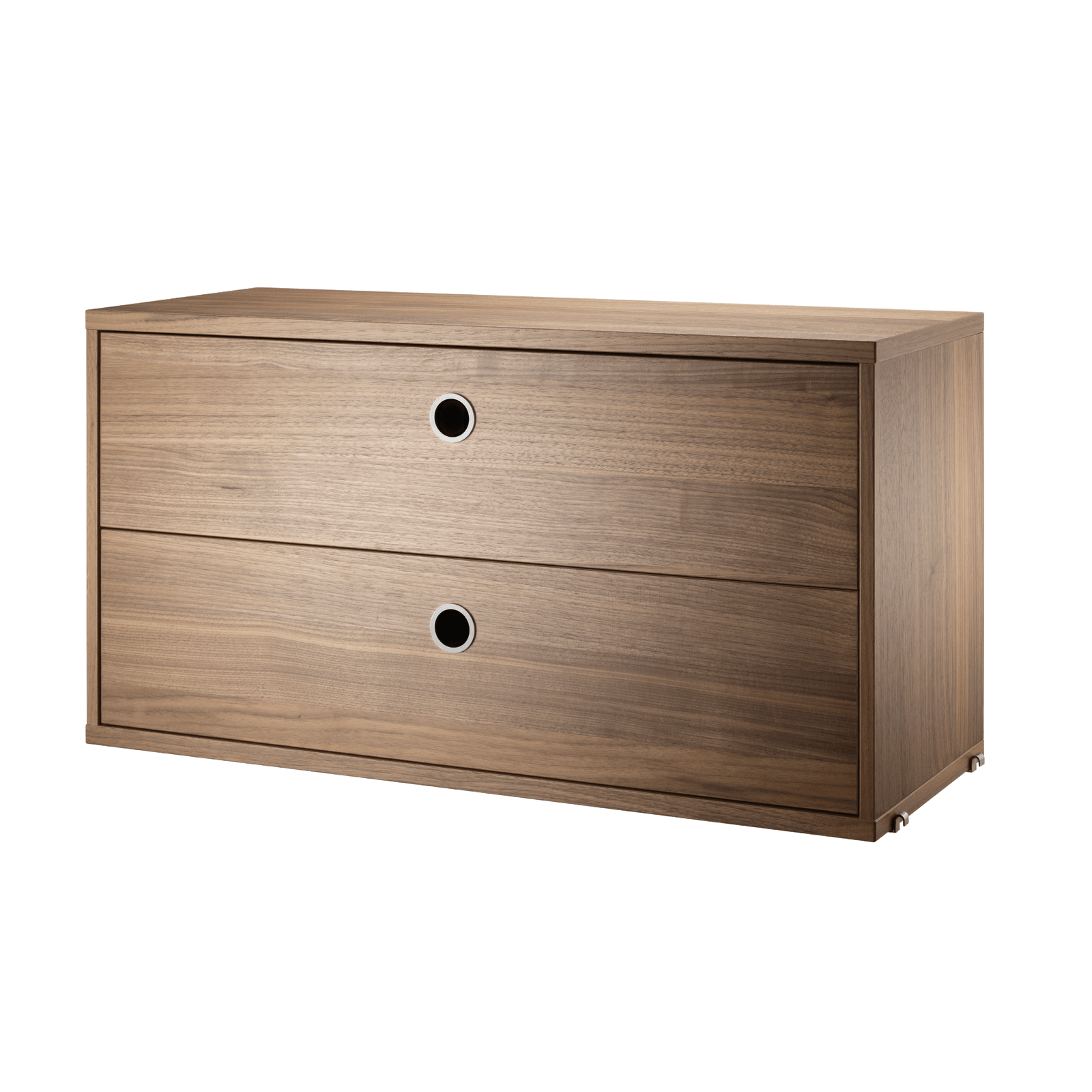 The chests of drawers are available in two widths, 78 and 58 cm, and one depth, 30 cm. The chests of drawers fit into all 30 cm deep wire and plex panels from String® System. They are designed with two drawers to offer hidden storage in your shelving combination. The chests of drawers are a great fit in either the hallway, living room or kids’ room where the need for hidden storage often is big. Chest of drawer w58 x d30 x h42 cm has internal dimensions (for each drawer) depth 23.7 cm, width 51.3 cm and height 16 cm. Chest of drawer w78 x d30 x h42 cm has internal dimensions (for each drawer) depth 23.7 cm, width 71.3 cm and height 16 cm. The chests of drawers are delivered unassembled.