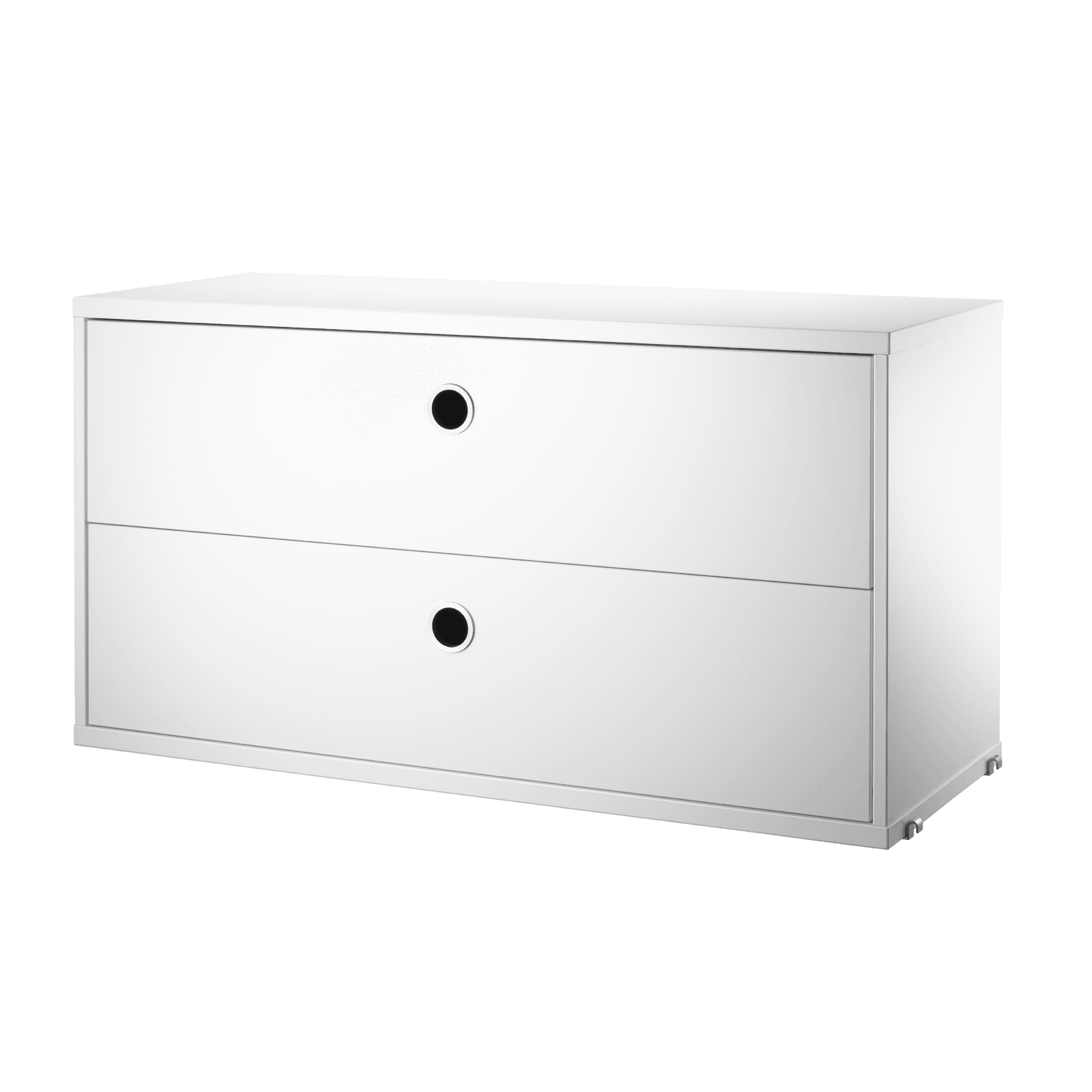 The chests of drawers are available in two widths, 78 and 58 cm, and one depth, 30 cm. The chests of drawers fit into all 30 cm deep wire and plex panels from String® System. They are designed with two drawers to offer hidden storage in your shelving combination. The chests of drawers are a great fit in either the hallway, living room or kids’ room where the need for hidden storage often is big. Chest of drawer w58 x d30 x h42 cm has internal dimensions (for each drawer) depth 23.7 cm, width 51.3 cm and height 16 cm. Chest of drawer w78 x d30 x h42 cm has internal dimensions (for each drawer) depth 23.7 cm, width 71.3 cm and height 16 cm. The chests of drawers are delivered unassembled.