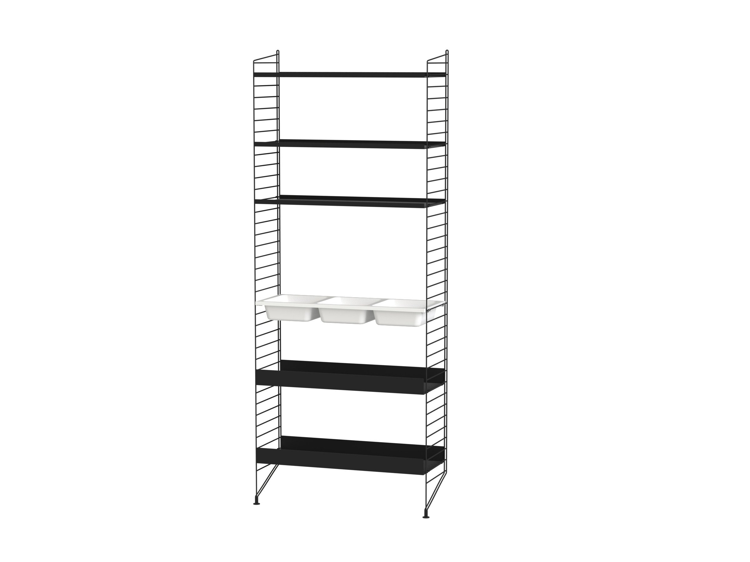 Floor mounted combination that will keep all your toiletries and towels in place. The 200 cm tall floor panels give you plenty of room to add several shelves. The mix of wooden shelves and metal shelves with high edge creates a dynamic combination. And very important, one added bowl shelf for all the small items you tend not to find.
