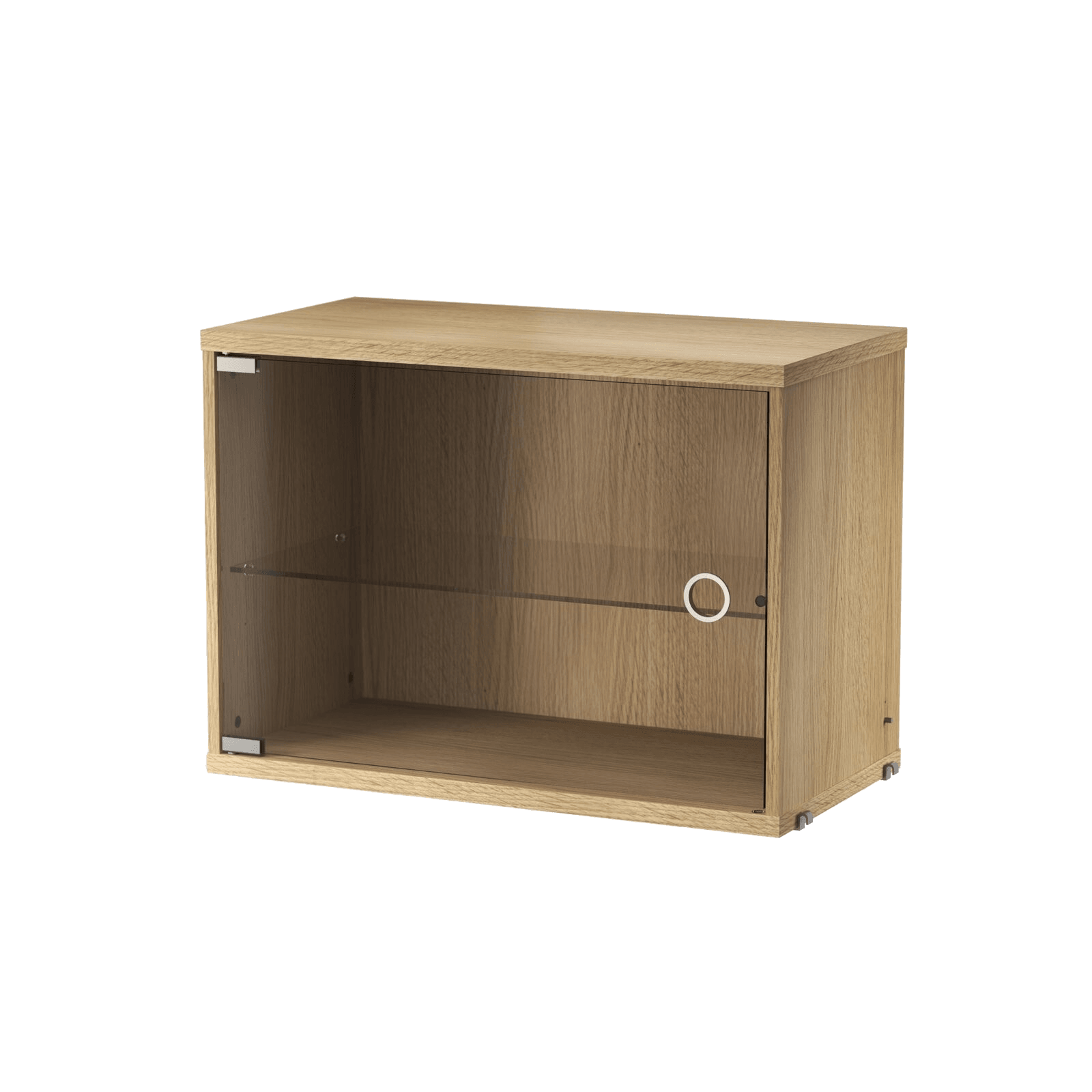 The Display Cabinet with Swing Glass Door is available in a width of 58 cm and a depth of 30 cm. It's compatible with all 30 cm deep wire and plex panels from String® System. Adding a bold element like a display cabinet enhances the visual appeal of your shelf while providing extra storage and the opportunity to display delicate items. The door can be mounted on either side of the cabinet. It includes one adjustable inner shelf, and the internal dimensions are w54 x d26 x h38 cm. The cabinet is delivered unassembled.