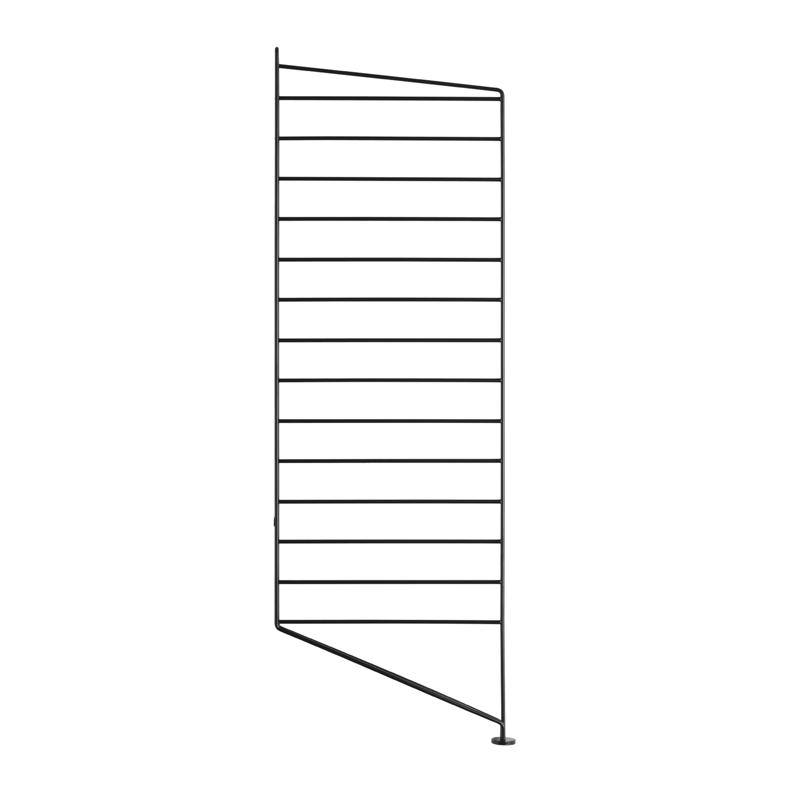 The floor panels are available in three heights, 85 cm, 115 cm, 200 cm along with one depth, 30 cm. The panels are the base when building your string shelf. When the panels are decided you can start adding products with 30 cm depth from String® System. Choose among shelves, cabinets, drawers, magazine shelves and more. The foot of the floor panel rests against the floor which makes the shelf stable while appearing light and airy. Make your shelf even more functional and unique by adding organizers, knife holder or a magazine holder, which all are placed on the panel’s threads. The panels come in two different packaging’s, either with one floor panel or two floor panels.