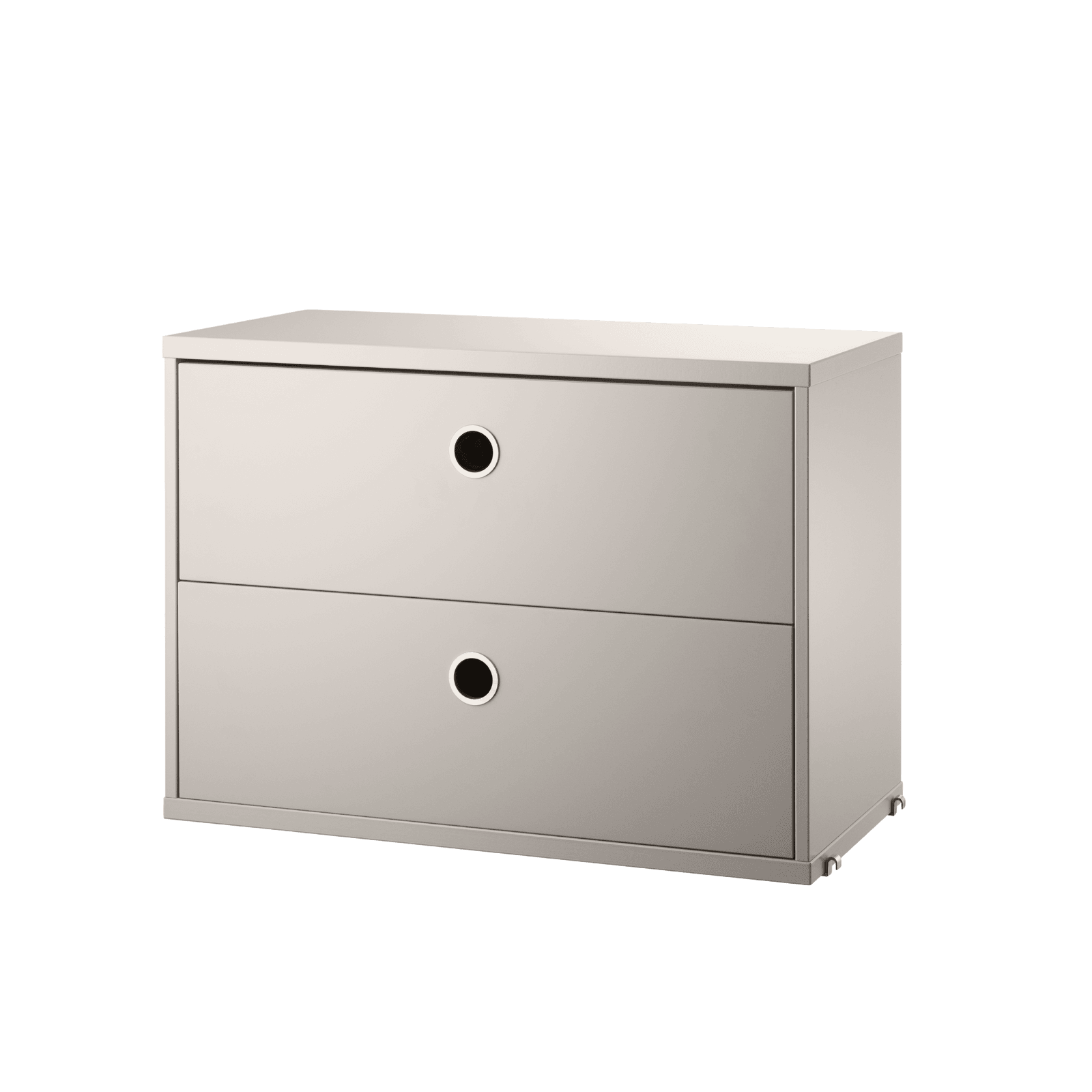 The chests of drawers are available in two widths, 78 and 58 cm, and one depth, 30 cm. The chests of drawers fit into all 30 cm deep wire and plex panels from String® System. They are designed with two drawers to offer hidden storage in your shelving combination. The chests of drawers are a great fit in either the hallway, living room or kids’ room where the need for hidden storage often is big. Chest of drawer w58 x d30 x h42 cm has internal dimensions (for each drawer) depth 23.7 cm, width 51.3 cm and height 16 cm. Chest of drawer w78 x d30 x h42 cm has internal dimensions (for each drawer) depth 23.7 cm, width 71.3 cm and height 16 cm. The chests of drawers are delivered unassembled.