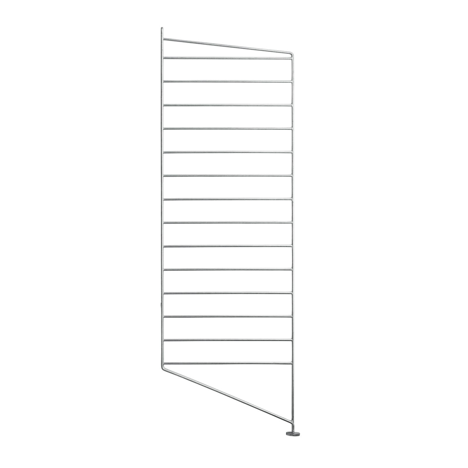The galvanized floor panels are available in one height, 85 cm along with one depth, 30 cm. The panels are the base when building your string shelf outdoors. Then, you can start adding galvanized shelves with 30 cm depth from String® System. Add outdoor-proofed accessories such as j-hooks and s-hooks to cover your storage need. The foot of the floor panel rests against the ground which makes the shelf stable while appearing light and airy. The galvanized floor panels withstand any weather and can stay outside all year round. The panels come in two different packaging’s, either with one floor panel or two floor panels.