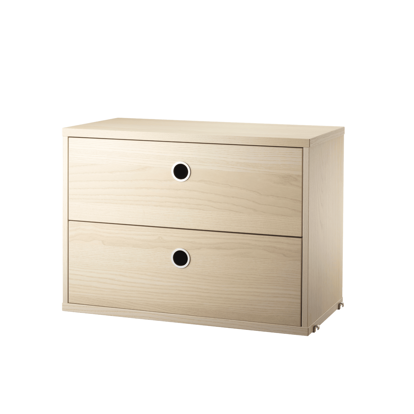 The chests of drawers are available in two widths, 78 and 58 cm, and one depth, 30 cm. The chests of drawers fit into all 30 cm deep wire and plex panels from String® System. They are designed with two drawers to offer hidden storage in your shelving combination. The chests of drawers are a great fit in either the hallway, living room or kids’ room where the need for hidden storage often is big. Chest of drawer w58 x d30 x h42 cm has internal dimensions (for each drawer) depth 23.7 cm, width 51.3 cm and height 16 cm. Chest of drawer w78 x d30 x h42 cm has internal dimensions (for each drawer) depth 23.7 cm, width 71.3 cm and height 16 cm. The chests of drawers are delivered unassembled.