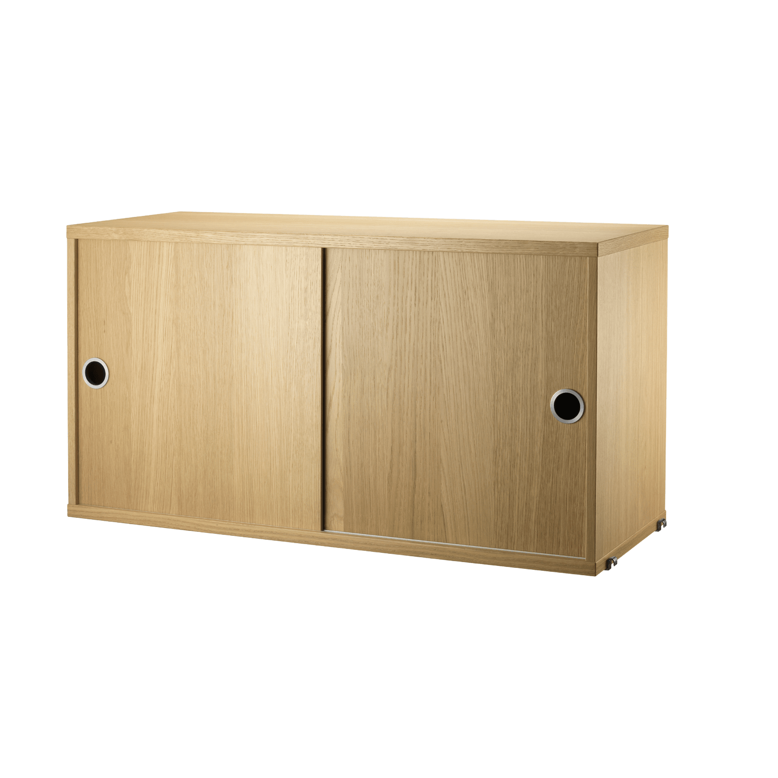 The cabinets with sliding doors are available in one width, 78 cm, along with two depths, 20 and 30 cm. The cabinets fit into all wire and plex panels from String® System. It is visually pleasing to add a bolder element to your shelf, like a cabinet, which also give you a lot of extra storage. The cabinet consists of one divider placed in the middle along with two adjustable inner shelves. The cabinet’s inner dimensions are 4 cm less than the outer dimensions. The cabinets are delivered unassembled.