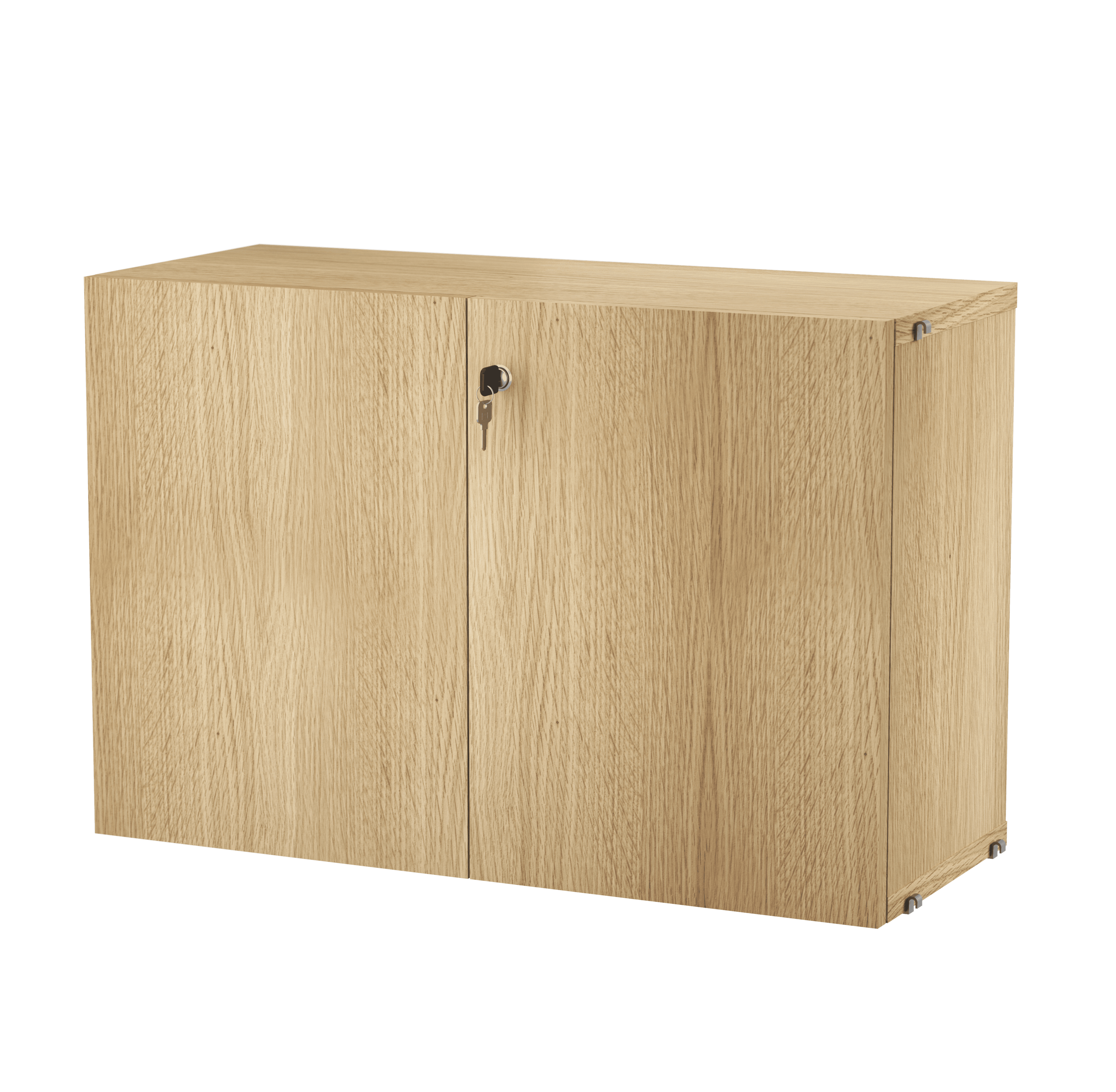 Cabinet with lock is available in one width, 78 cm, one depth, 32 cm, and one height, 52 cm. Combine it with floor panels from the String® System to create an optimal solution for your workspace, where you can store all your binders, cables, papers, and similar items. The doors are equipped with push-open fittings, and the right-hand door is lockable (two keys included). The inner dimensions of the cabinet are: w74 x d29 x h47 cm, and it has two inner shelves that can be adjusted to any height.
