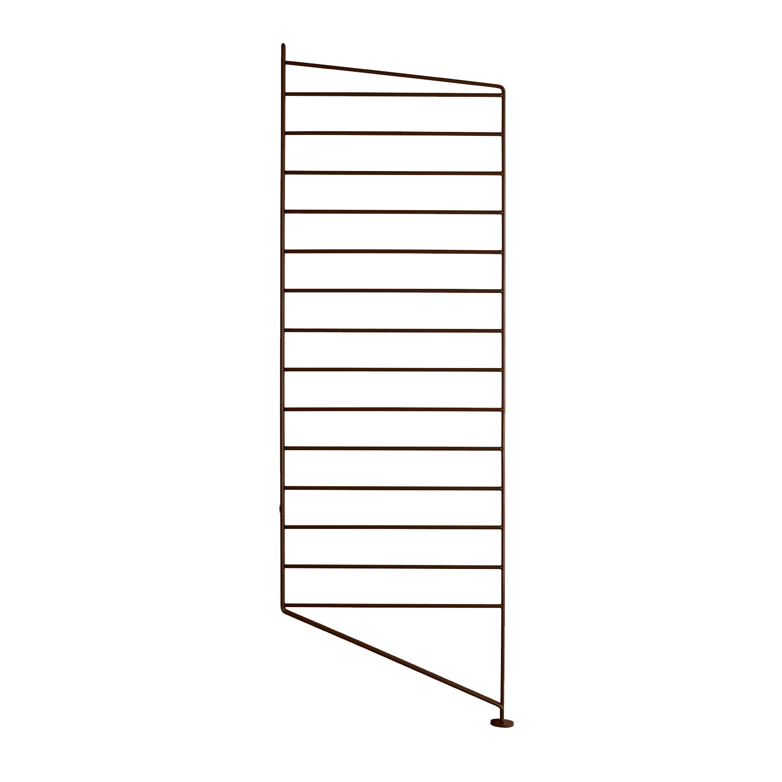 The floor panels are available in three heights, 85 cm, 115 cm, 200 cm along with one depth, 30 cm. The panels are the base when building your string shelf. When the panels are decided you can start adding products with 30 cm depth from String® System. Choose among shelves, cabinets, drawers, magazine shelves and more. The foot of the floor panel rests against the floor which makes the shelf stable while appearing light and airy. Make your shelf even more functional and unique by adding organizers, knife holder or a magazine holder, which all are placed on the panel’s threads. The panels come in two different packaging’s, either with one floor panel or two floor panels.