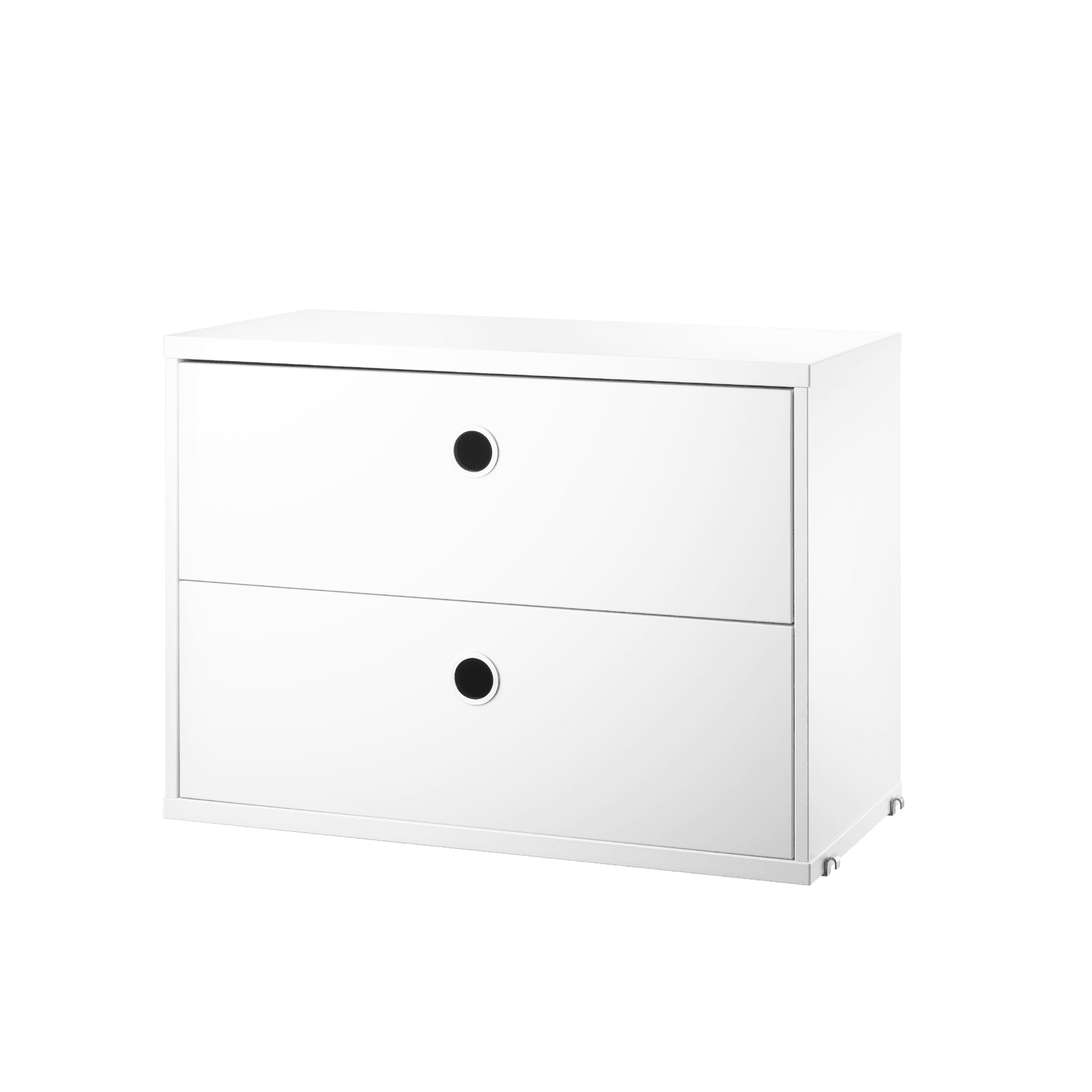 The chests of drawers are available in two widths, 78 and 58 cm, and one depth, 30 cm. The chests of drawers fit into all 30 cm deep wire and plex panels from String® System. They are designed with two drawers to offer hidden storage in your shelving combination. The chests of drawers are a great fit in either the hallway, living room or kids’ room where the need for hidden storage often is big. Chest of drawer w58 x d30 x h42 cm has internal dimensions (for each drawer) depth 23.7 cm, width 51.3 cm and height 16 cm. Chest of drawer w78 x d30 x h42 cm has internal dimensions (for each drawer) depth 23.7 cm, width 71.3 cm and height 16 cm. The chests of drawers are delivered unassembled.