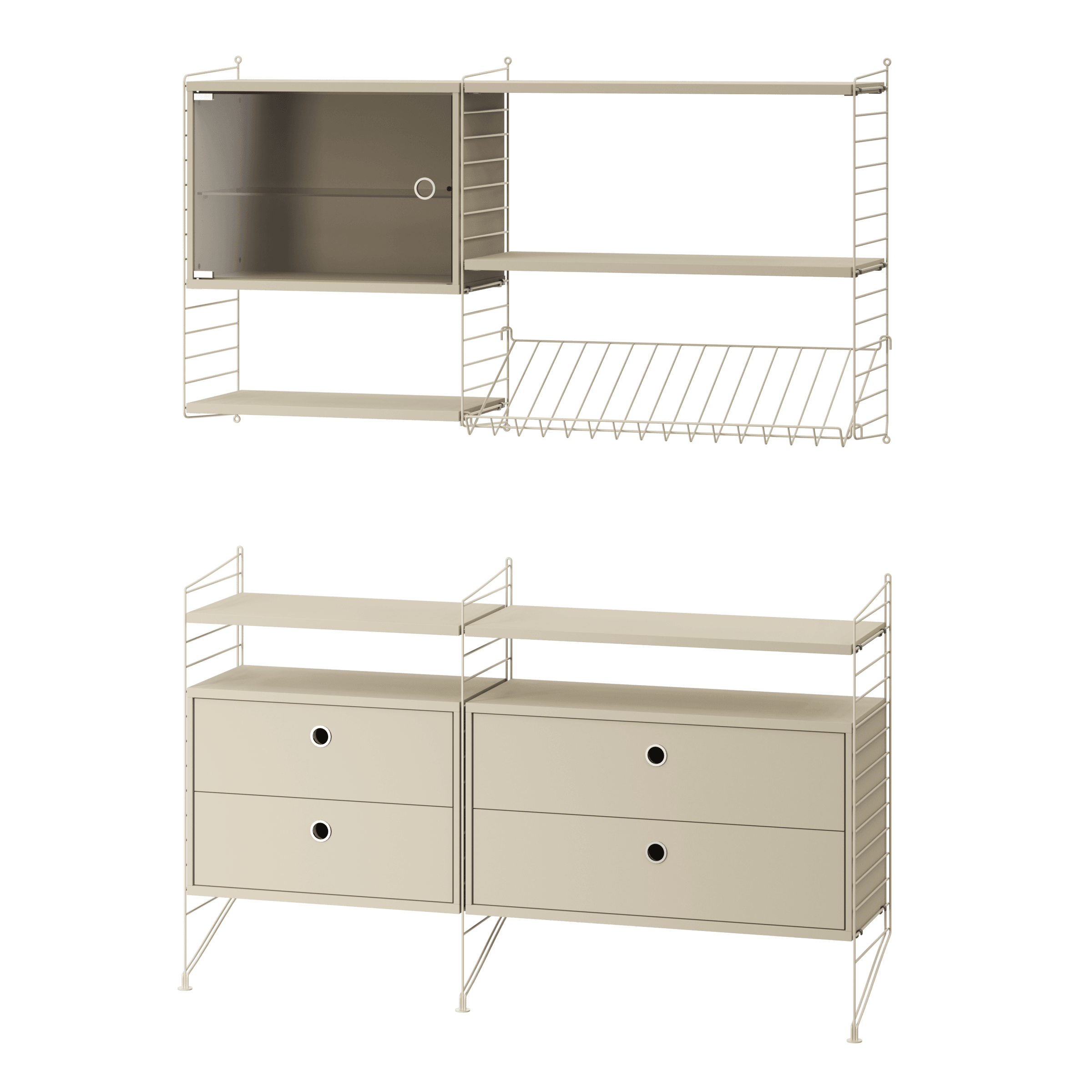 An elegant living room combination divided in two sections. The upper section has lots of room for books, magazines, and delicate items, whilst the floor-mounted section has drawers with plenty of hidden storage.