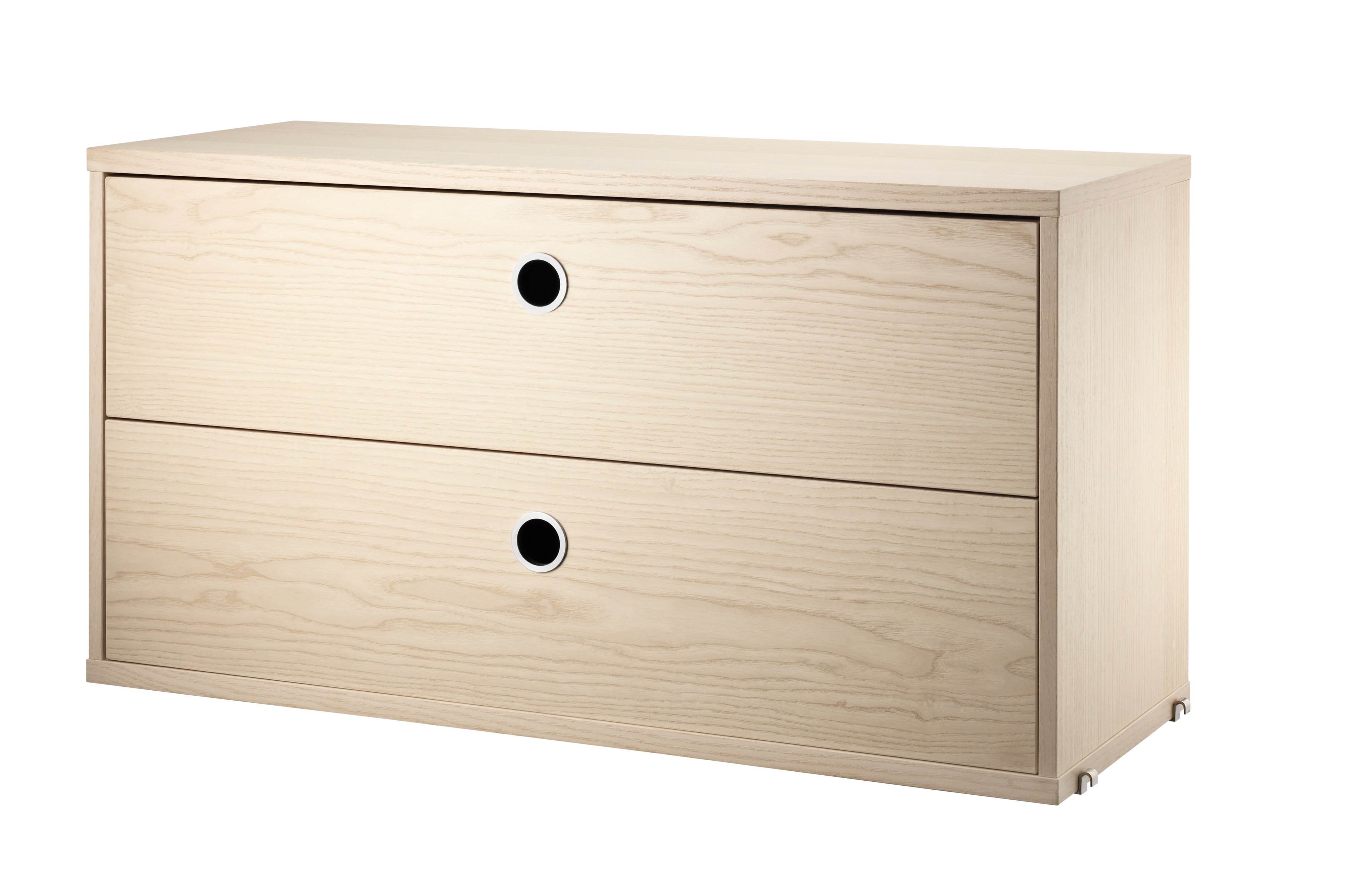 The chests of drawers are available in two widths, 78 and 58 cm, and one depth, 30 cm. The chests of drawers fit into all 30 cm deep wire and plex panels from String® System. They are designed with two drawers to offer hidden storage in your shelving combination. The chests of drawers are a great fit in either the hallway, living room or kids’ room where the need for hidden storage often is big. Chest of drawer w58 x d30 x h42 cm has internal dimensions (for each drawer) depth 23.7 cm, width 51.3 cm and height 16 cm. Chest of drawer w78 x d30 x h42 cm has internal dimensions (for each drawer) depth 23.7 cm, width 71.3 cm and height 16 cm. The chests of drawers are delivered unassembled.