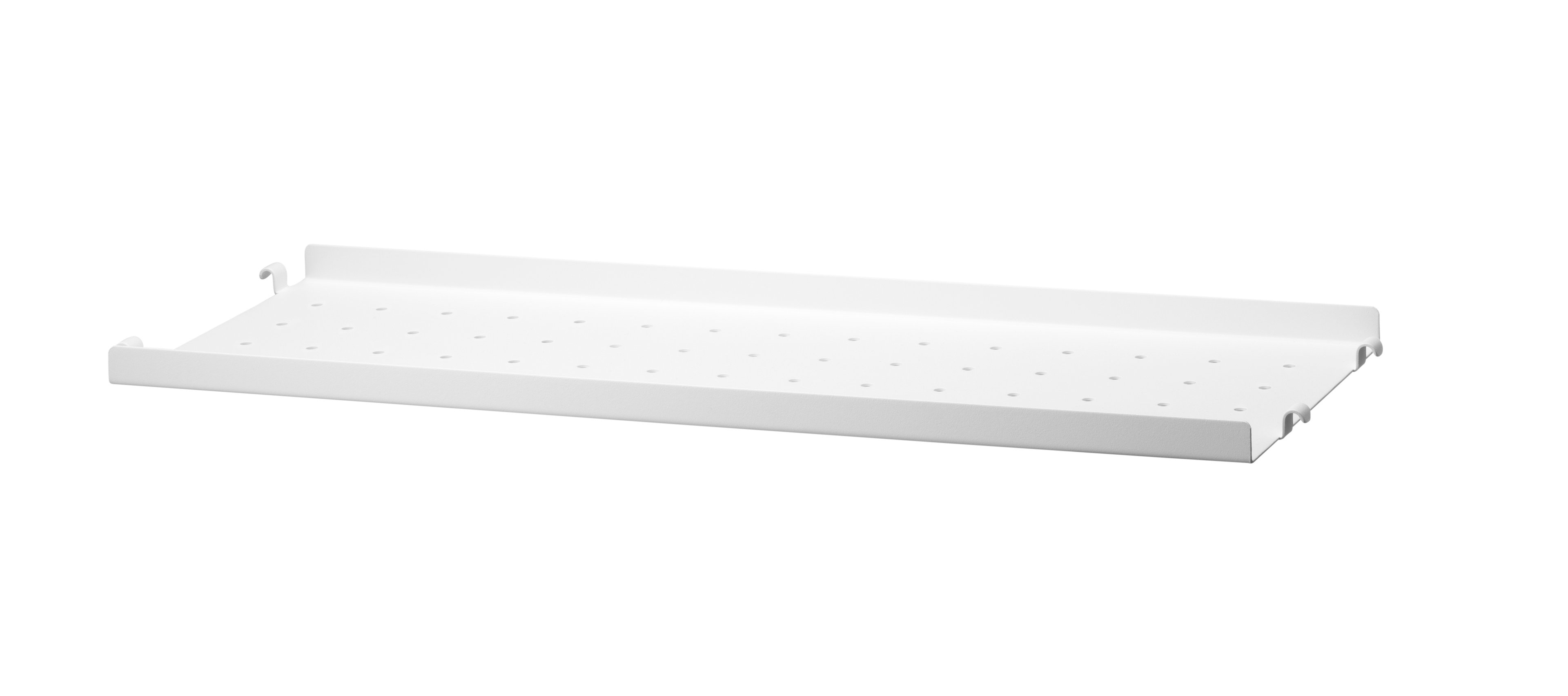 The metal shelves with low edge are available in two widths, 58 and 78 cm, along with two depths, 20 and 30 cm. The shelves are easy to move around and fit into wire and plex panels from String® System if the shelves and panels have the same depth. The 2 cm high edge makes the shelves blend right into a shelving combination with wooden shelves. The perforated shelves are the optimal base to be creative with our accessories. Add hooks, rods, or hanger racks to design your own unique shelf. Each packaging contains one metal shelf.