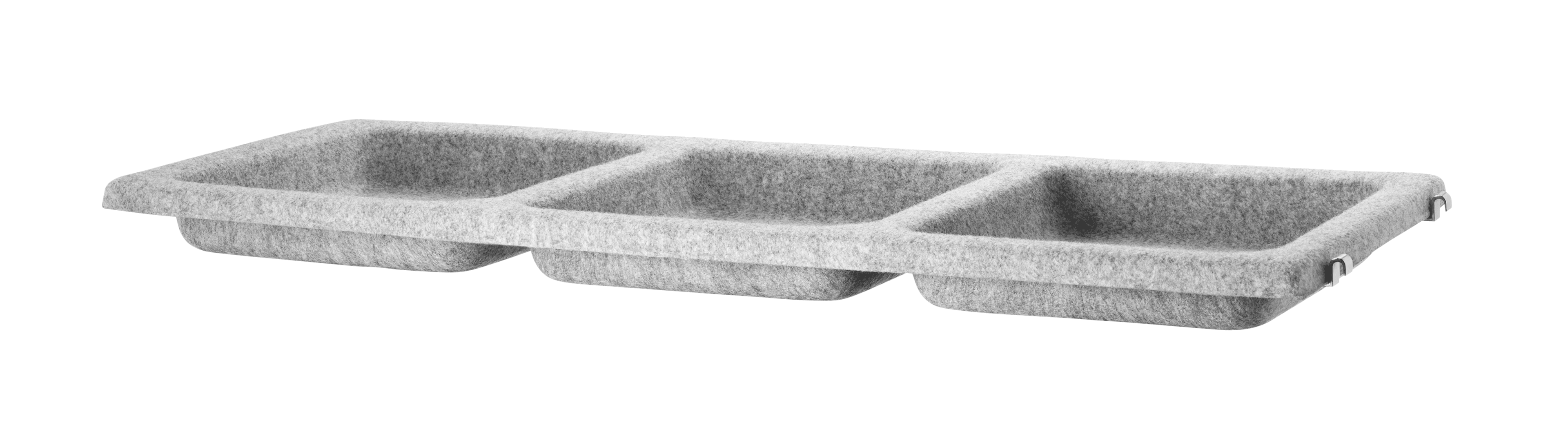 The bowl shelf in felt is available in one width, 78 cm, and one depth, 30 cm. The bowl shelf fits into all 30 cm deep wire and plex panels from String® System. By adding a bowl shelf in felt to your hallway combination, you instantly add a given spot for keys, gloves, and such. The internal dimensions for each bowl (three in total) are: w20 x d22 x h4.5 cm. Each packaging contains one bowl shelf in felt and a frame along with brackets. The colours options are beige, light grey and anthracite.