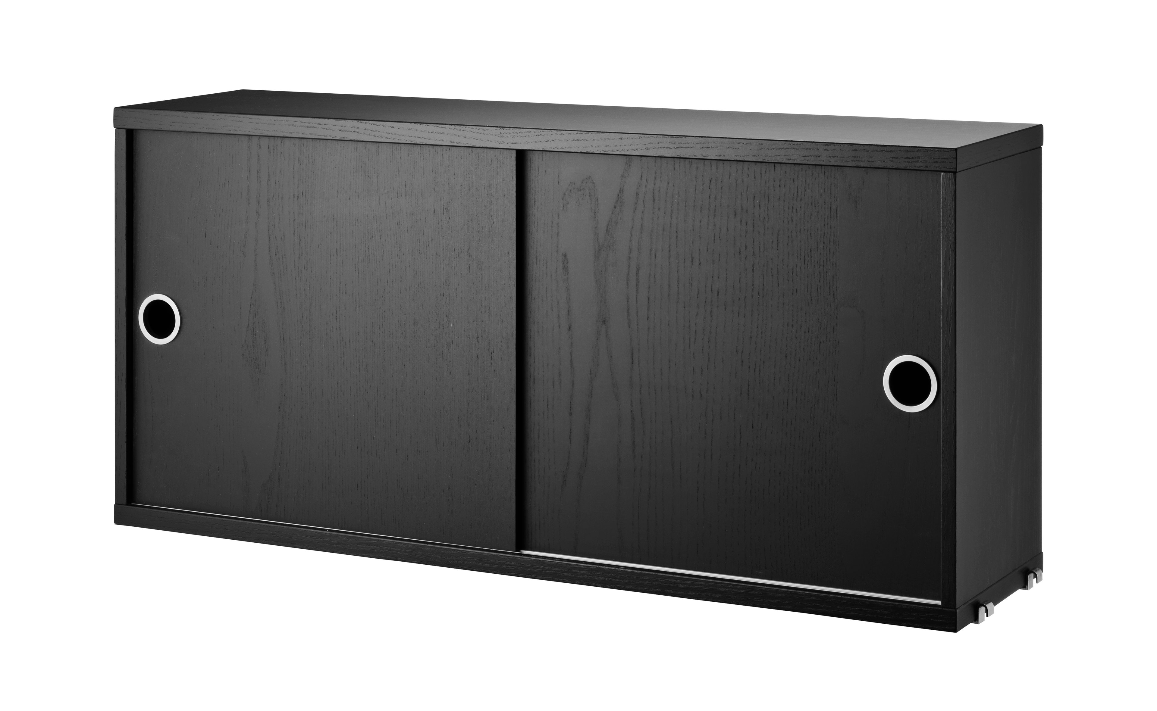 The cabinets with sliding doors are available in one width, 78 cm, along with two depths, 20 and 30 cm. The cabinets fit into all wire and plex panels from String® System. It is visually pleasing to add a bolder element to your shelf, like a cabinet, which also give you a lot of extra storage. The cabinet consists of one divider placed in the middle along with two adjustable inner shelves. The cabinet’s inner dimensions are 4 cm less than the outer dimensions. The cabinets are delivered unassembled.