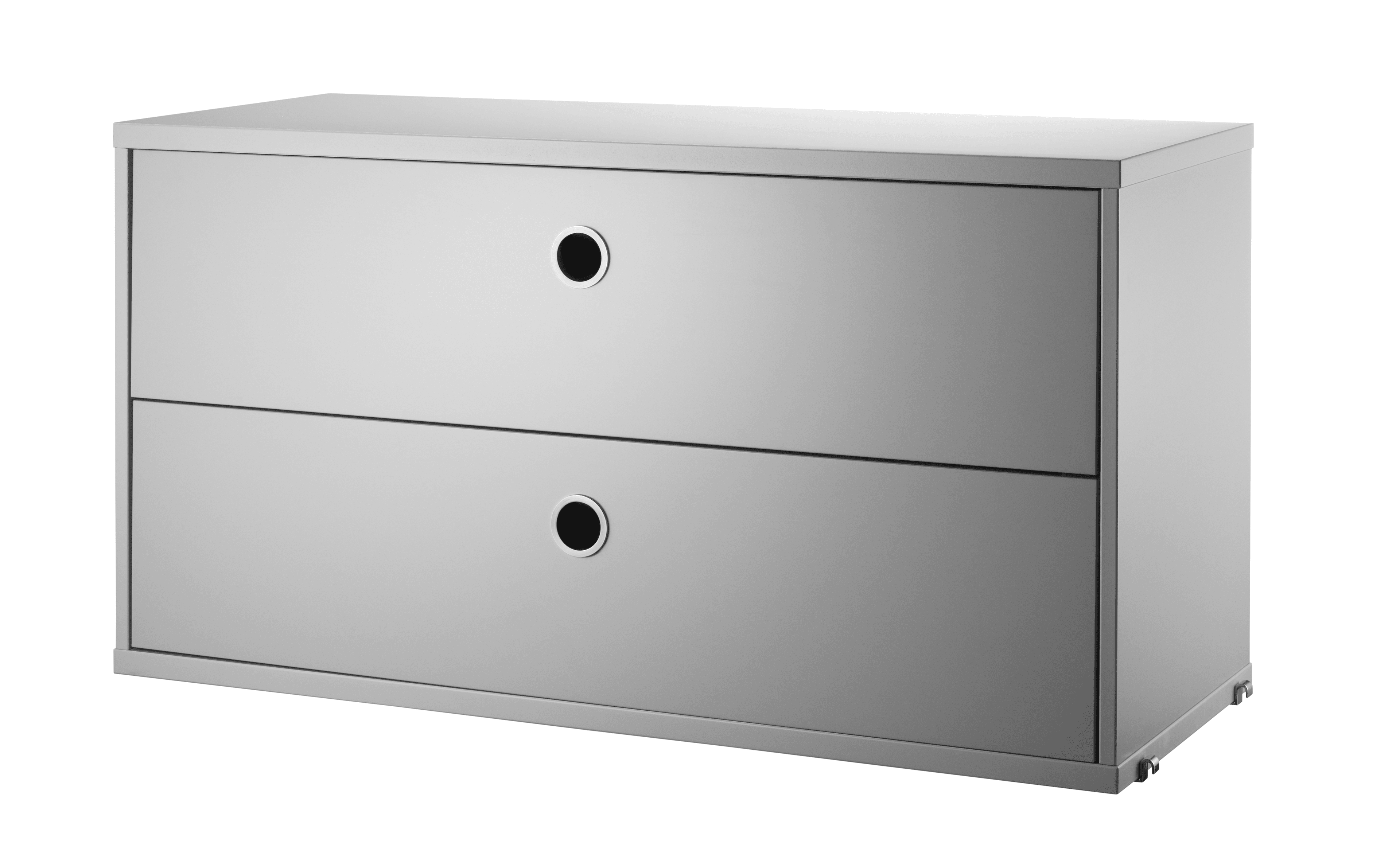 The chests of drawers are available in two widths, 78 and 58 cm, and one depth, 30 cm. The chests of drawers fit into all 30 cm deep wire and plex panels from String® System. They are designed with two drawers to offer hidden storage in your shelving combination. The chests of drawers are a great fit in either the hallway, living room or kids’ room where the need for hidden storage often is big. Chest of drawer w58 x d30 x h42 cm has internal dimensions (for each drawer) depth 23.7 cm, width 51.3 cm and height 16 cm. Chest of drawer w78 x d30 x h42 cm has internal dimensions (for each drawer) depth 23.7 cm, width 71.3 cm and height 16 cm. The chests of drawers are delivered unassembled.