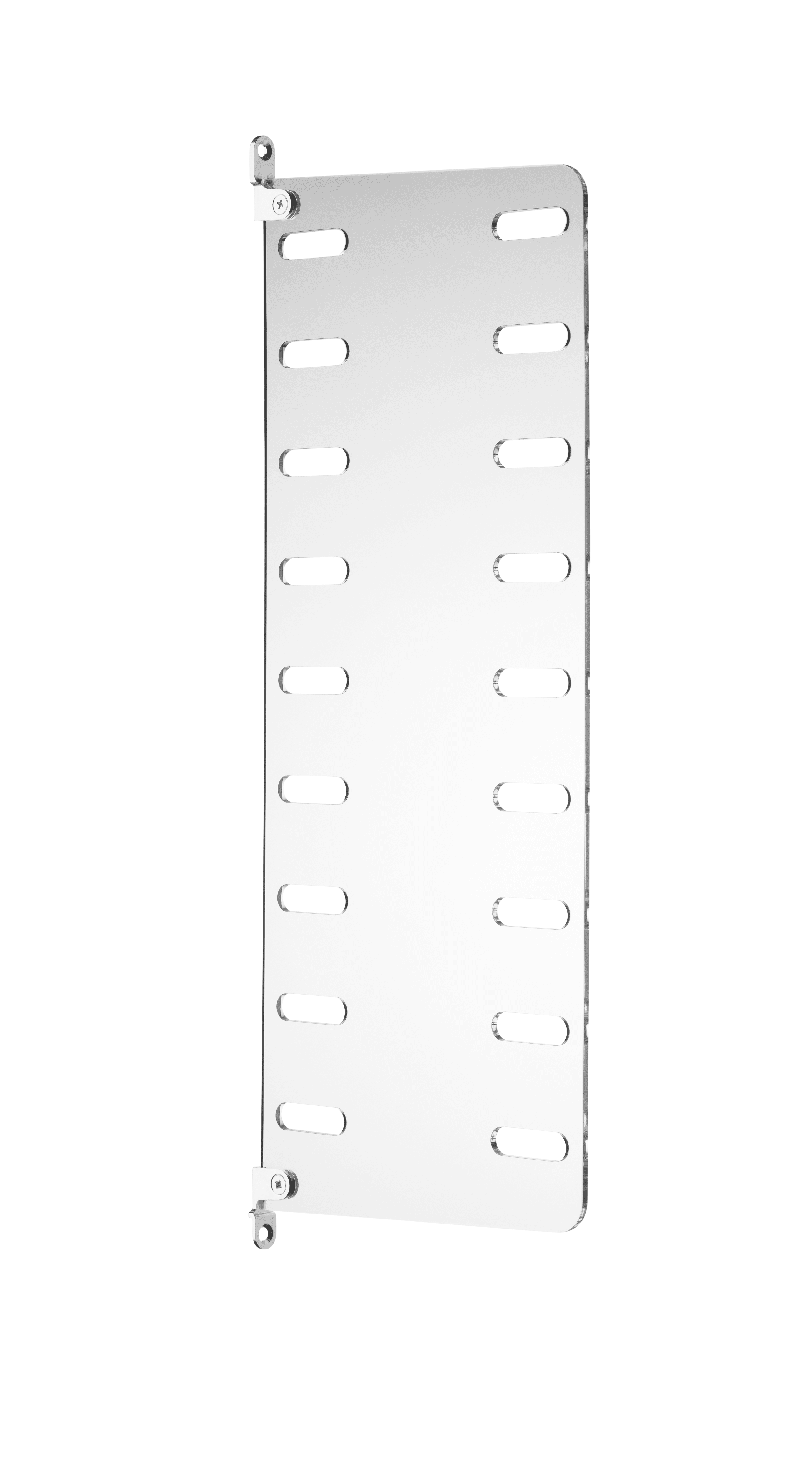 The plex wall panels are available in two heights, 50 and 75 cm, along with two depths, 20 and 30 cm. The panels are the base when building your string shelf. When the panels are decided you can start adding products from String® System. Choose among different shelves, cabinets, and drawers. The wall panels are mounted onto a wall and do not touch either the floor or ceiling. The panels are made of laser cut clear Perspex, which gives the shelf an extra light appearance. The panels come in two different packaging’s, either with one wall panel or two wall panels.