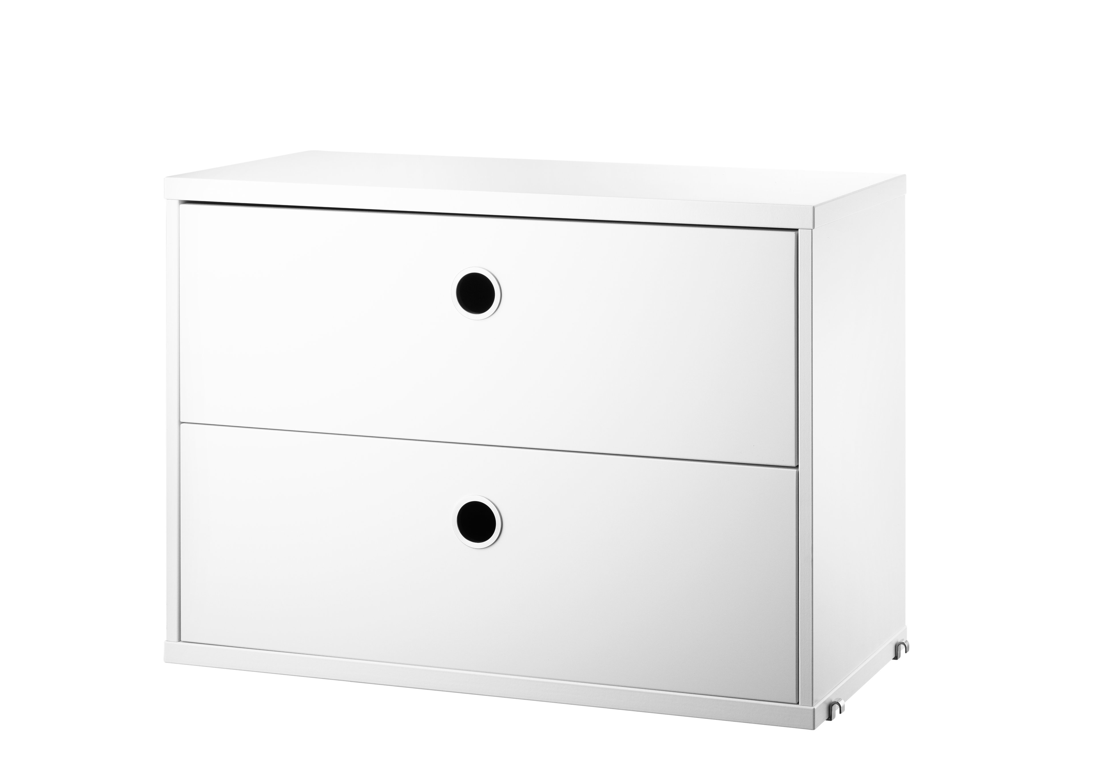The chests of drawers are available in two widths, 78 and 58 cm, and one depth, 30 cm. The chests of drawers fit into all 30 cm deep wire and plex panels from String® System. They are designed with two drawers to offer hidden storage in your shelving combination. The chests of drawers are a great fit in either the hallway, living room or kids’ room where the need for hidden storage often is big. Chest of drawer w58 x d30 x h42 cm has internal dimensions (for each drawer) depth 23.7 cm, width 51.3 cm and height 16 cm. Chest of drawer w78 x d30 x h42 cm has internal dimensions (for each drawer) depth 23.7 cm, width 71.3 cm and height 16 cm. The chests of drawers are delivered unassembled.