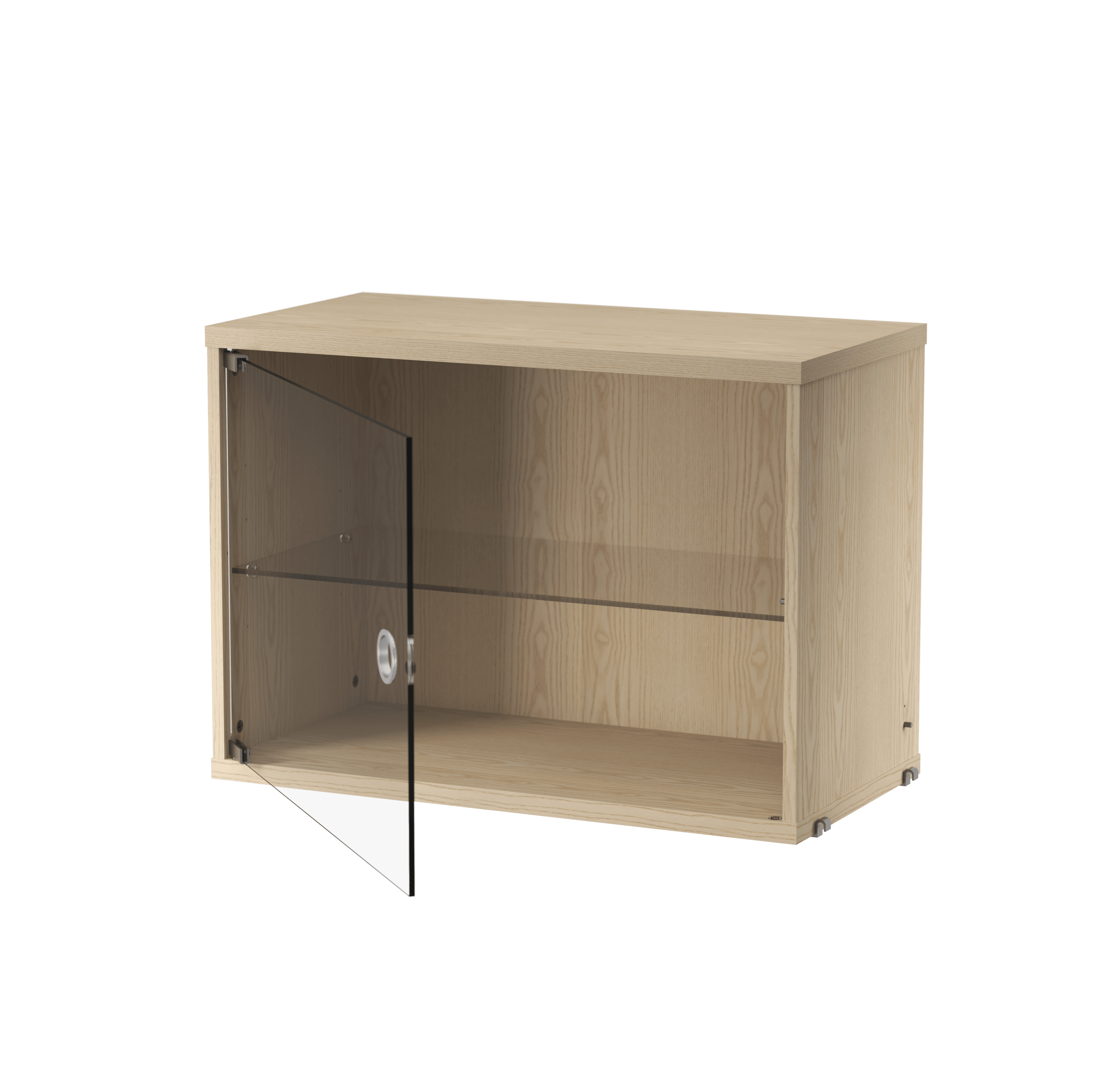 The Display Cabinet with Swing Glass Door is available in a width of 58 cm and a depth of 30 cm. It's compatible with all 30 cm deep wire and plex panels from String® System. Adding a bold element like a display cabinet enhances the visual appeal of your shelf while providing extra storage and the opportunity to display delicate items. The door can be mounted on either side of the cabinet. It includes one adjustable inner shelf, and the internal dimensions are w54 x d26 x h38 cm. The cabinet is delivered unassembled.