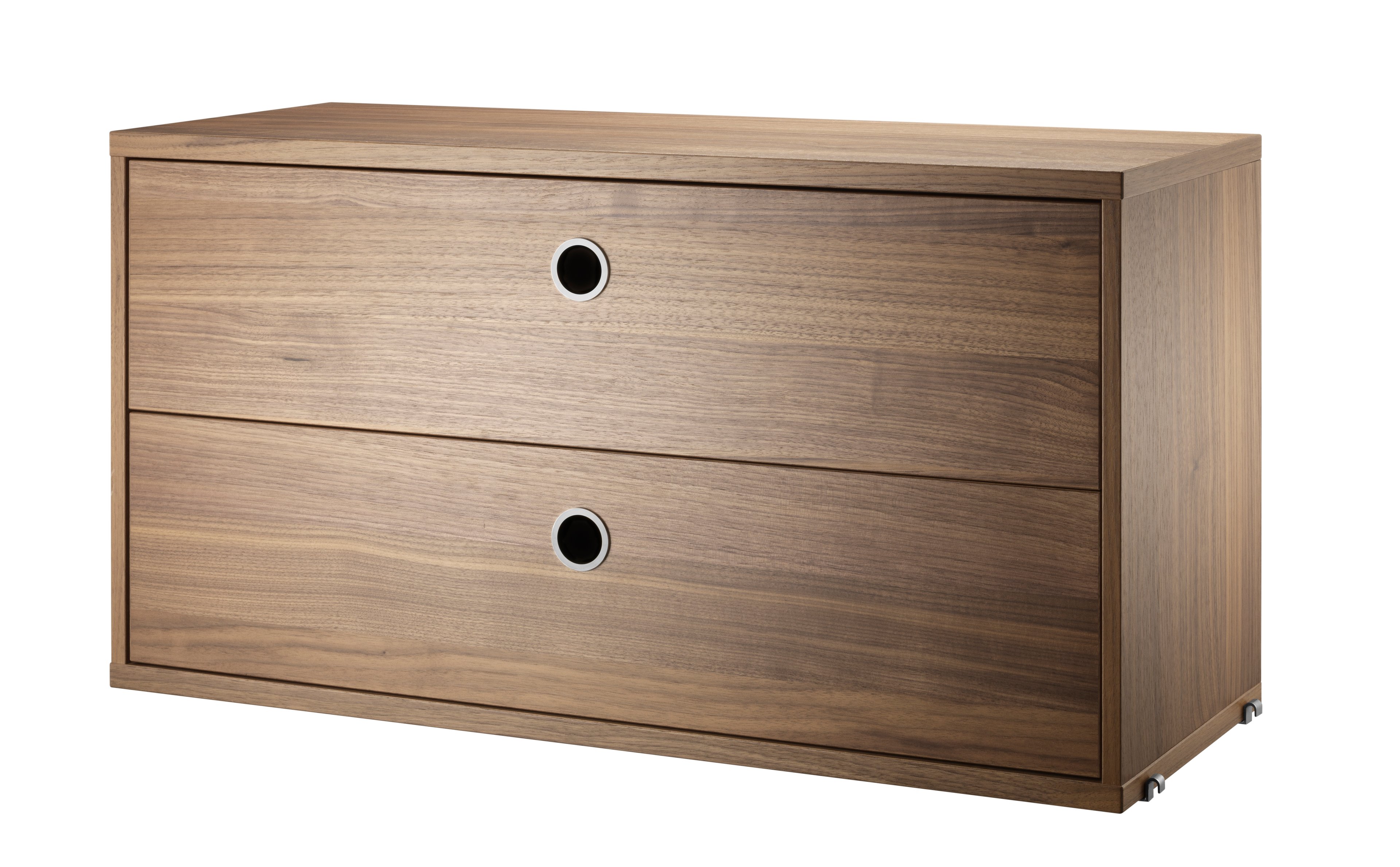 The chests of drawers are available in two widths, 78 and 58 cm, and one depth, 30 cm. The chests of drawers fit into all 30 cm deep wire and plex panels from String® System. They are designed with two drawers to offer hidden storage in your shelving combination. The chests of drawers are a great fit in either the hallway, living room or kids’ room where the need for hidden storage often is big. Chest of drawer w58 x d30 x h42 cm has internal dimensions (for each drawer) depth 23.7 cm, width 51.3 cm and height 16 cm. Chest of drawer w78 x d30 x h42 cm has internal dimensions (for each drawer) depth 23.7 cm, width 71.3 cm and height 16 cm. The chests of drawers are delivered unassembled.