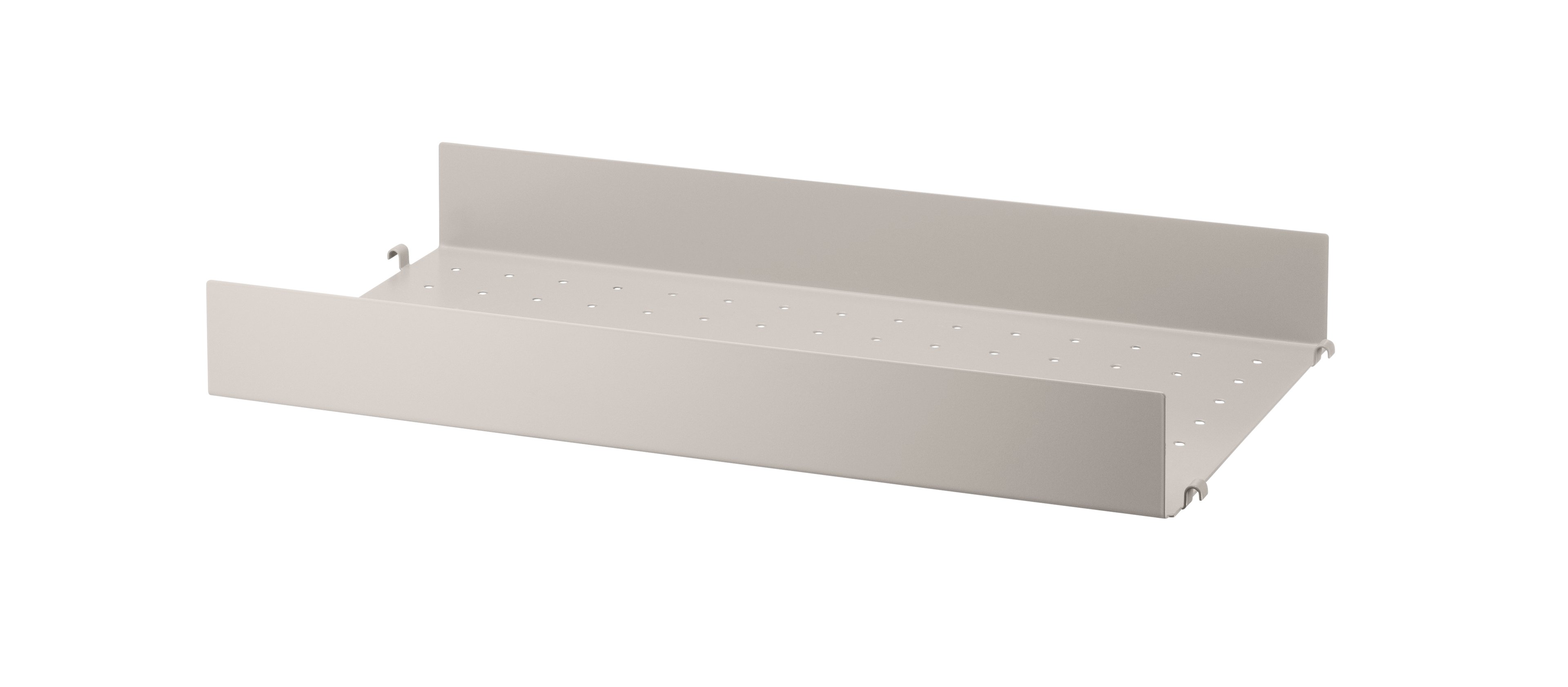 The metal shelves with high edge are available in two widths, 58 and 78 cm, along with two depths, 20 and 30 cm. The shelves are easy to move around and fit into wire and plex panels from String® System if the shelves and panels have the same depth. The 7 cm high edge creates character and valuable storage space. The perforated shelves are the optimal base to be creative with our accessories. Add hooks, rods, or hanger racks to design your own unique shelf. Each packaging contains one metal shelf.