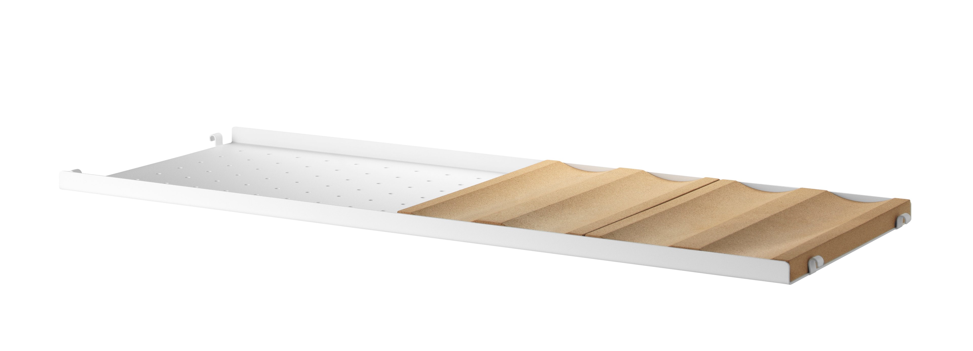 The bottle tray in cork is part of our range of accessories and fits together with 30 cm deep metal shelves from String® System. The bottle tray is available in one size where the width is 19 cm, depth 30 cm, and height 2 cm. By adding a bottle tray to your kitchen combination, you will always know where to find your wine and oil bottles. A metal shelves with width 58 cm can fit three bottle trays and a metal shelf with width 78 cm can fit four. Each packaging contains two bottle trays in cork where each of the trays have room for two bottles.