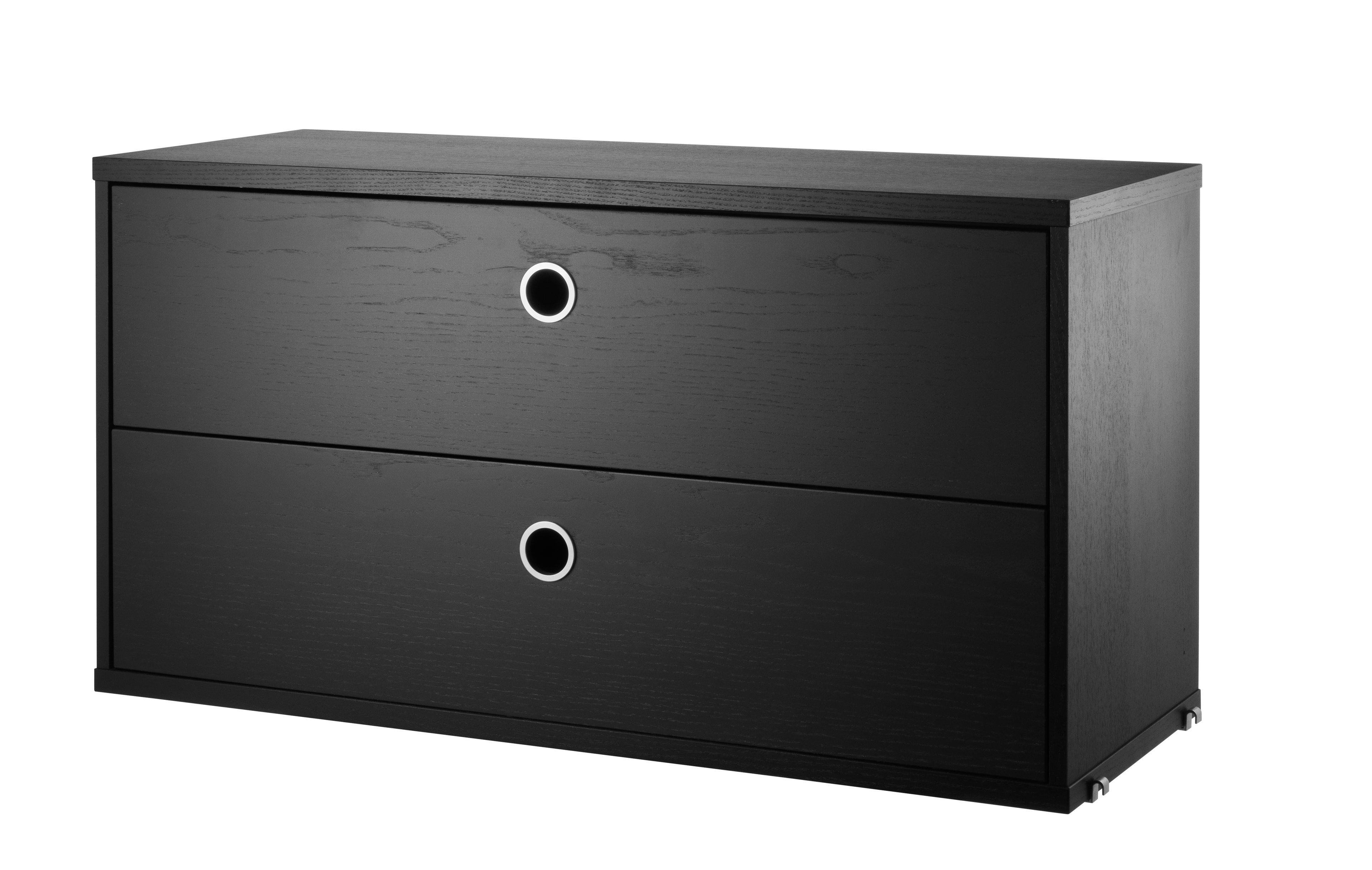 The chests of drawers are available in two widths, 78 and 58 cm, and one depth, 30 cm. The chests of drawers fit into all 30 cm deep wire and plex panels from String® System. They are designed with two drawers to offer hidden storage in your shelving combination. The chests of drawers are a great fit in either the hallway, living room or kids’ room where the need for hidden storage often is big. Chest of drawer w58 x d30 x h42 cm has internal dimensions (for each drawer) depth 23.7 cm, width 51.3 cm and height 16 cm. Chest of drawer w78 x d30 x h42 cm has internal dimensions (for each drawer) depth 23.7 cm, width 71.3 cm and height 16 cm. The chests of drawers are delivered unassembled.