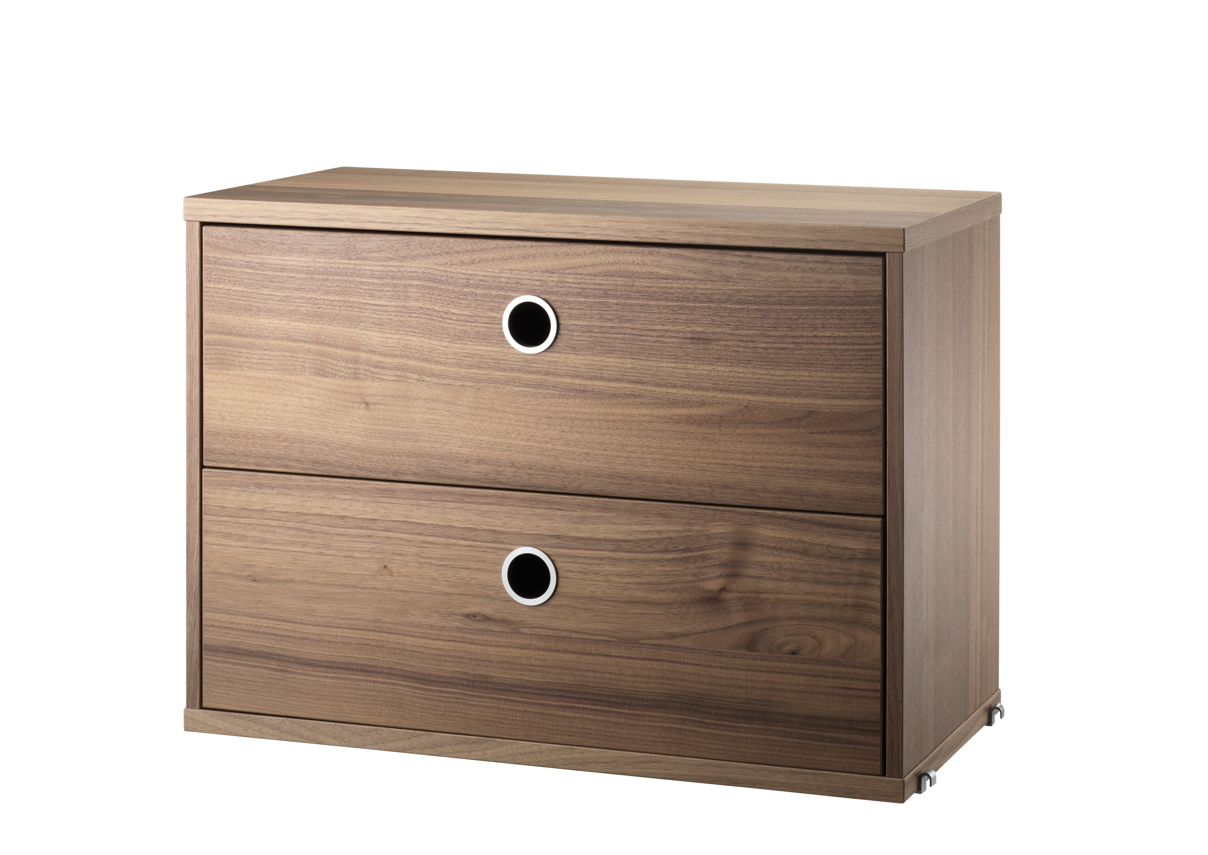 The chests of drawers are available in two widths, 78 and 58 cm, and one depth, 30 cm. The chests of drawers fit into all 30 cm deep wire and plex panels from String® System. They are designed with two drawers to offer hidden storage in your shelving combination. The chests of drawers are a great fit in either the hallway, living room or kids’ room where the need for hidden storage often is big. Chest of drawer w58 x d30 x h42 cm has internal dimensions (for each drawer) depth 23.7 cm, width 51.3 cm and height 16 cm. Chest of drawer w78 x d30 x h42 cm has internal dimensions (for each drawer) depth 23.7 cm, width 71.3 cm and height 16 cm. The chests of drawers are delivered unassembled.