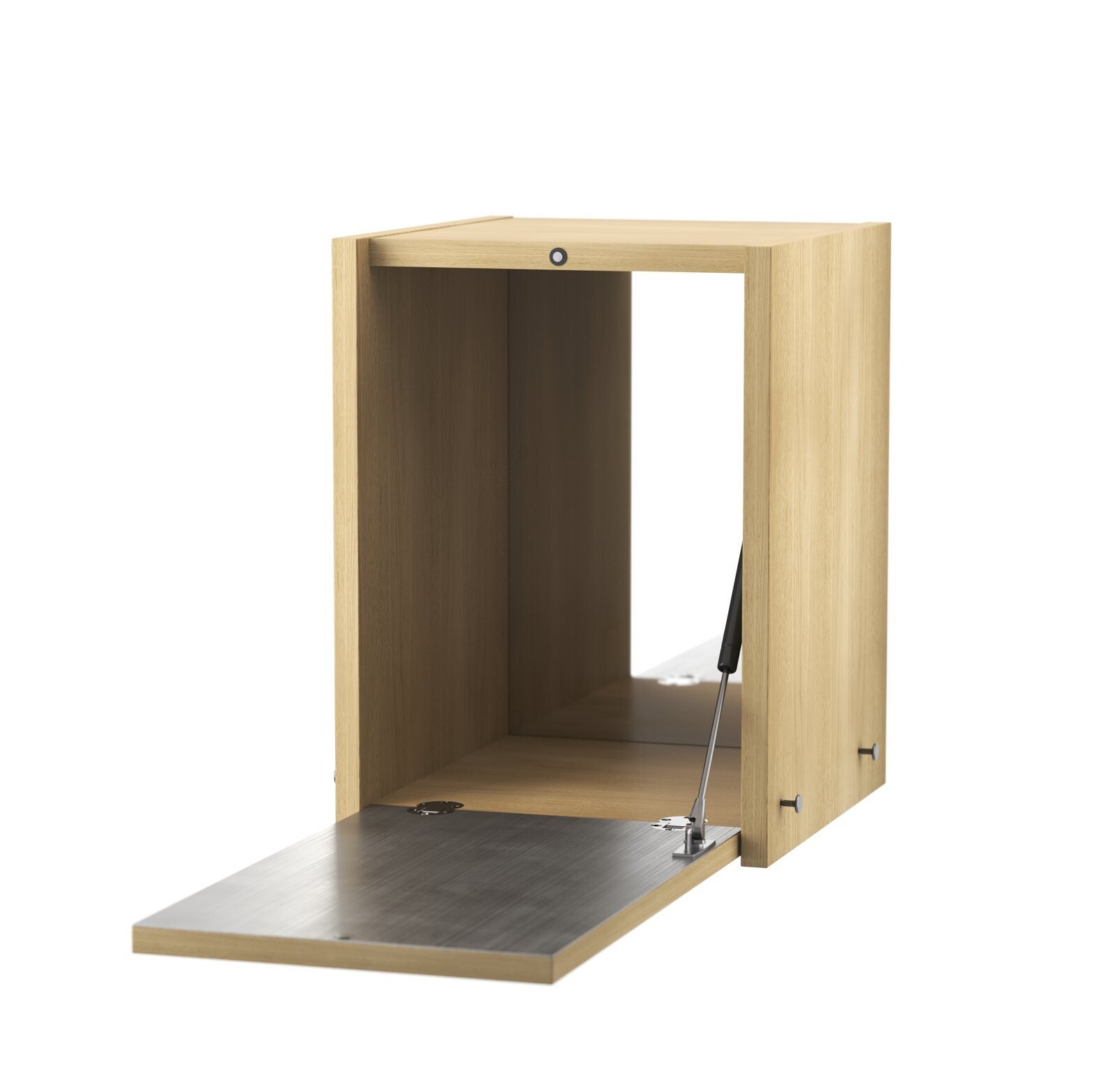 The Tiny cabinet is available in one size with the following dimensions: w28 x d30 x h38 cm. The cabinet fits together with all 30 cm deep wire panels from String® System. The cabinet needs to be placed on top of either a wooden shelf or one of our cabinets and attached to either wire panel. The inside of the lid is dressed in a plate in brushed stainless steel. The inner back wall of the cabinet is dressed in a mirrored plate. The cabinet is delivered unassembled.