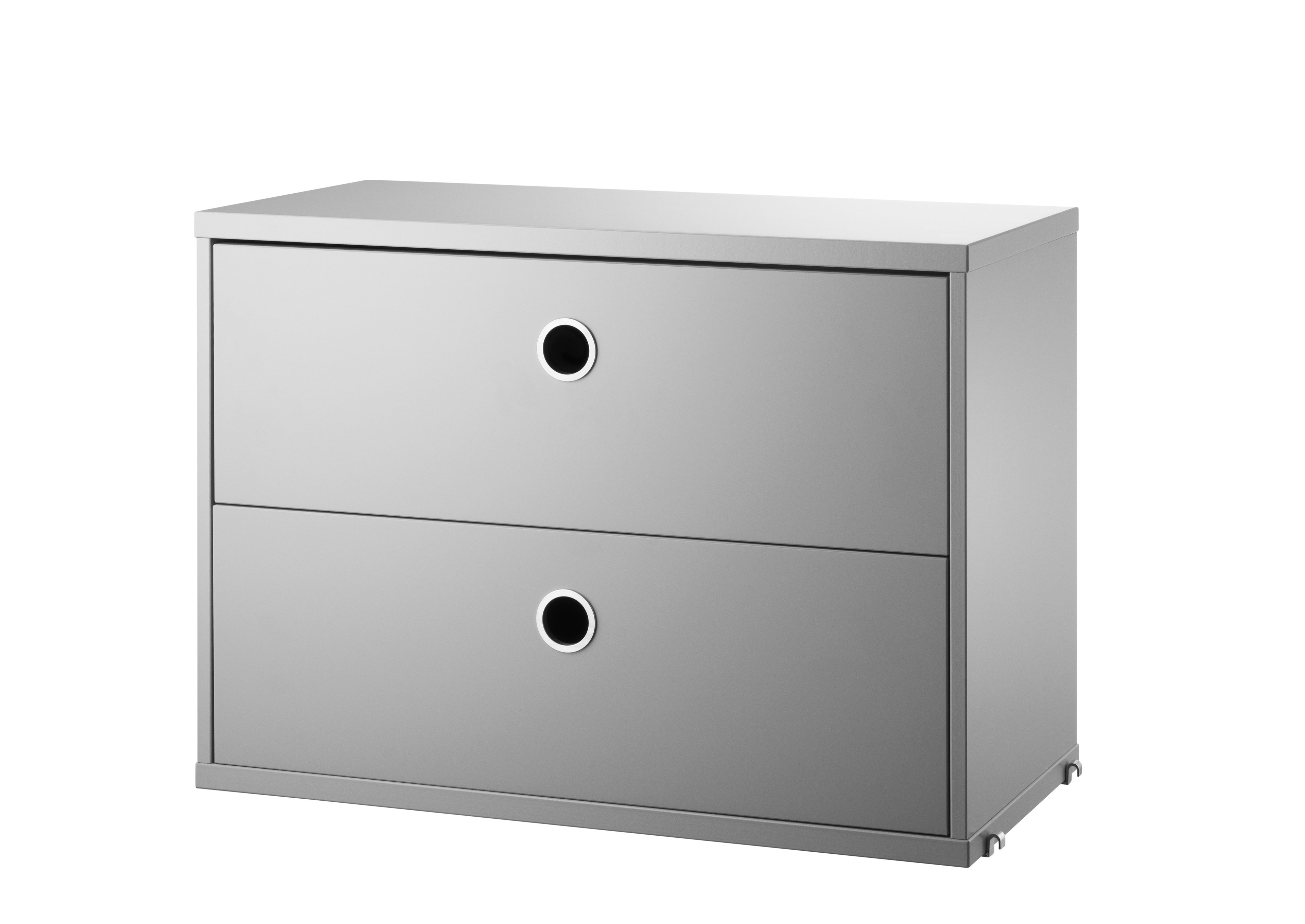 The chests of drawers are available in two widths, 78 and 58 cm, and one depth, 30 cm. The chests of drawers fit into all 30 cm deep wire and plex panels from String® System. They are designed with two drawers to offer hidden storage in your shelving combination. The chests of drawers are a great fit in either the hallway, living room or kids’ room where the need for hidden storage often is big. Chest of drawer w58 x d30 x h42 cm has internal dimensions (for each drawer) depth 23.7 cm, width 51.3 cm and height 16 cm. Chest of drawer w78 x d30 x h42 cm has internal dimensions (for each drawer) depth 23.7 cm, width 71.3 cm and height 16 cm. The chests of drawers are delivered unassembled.