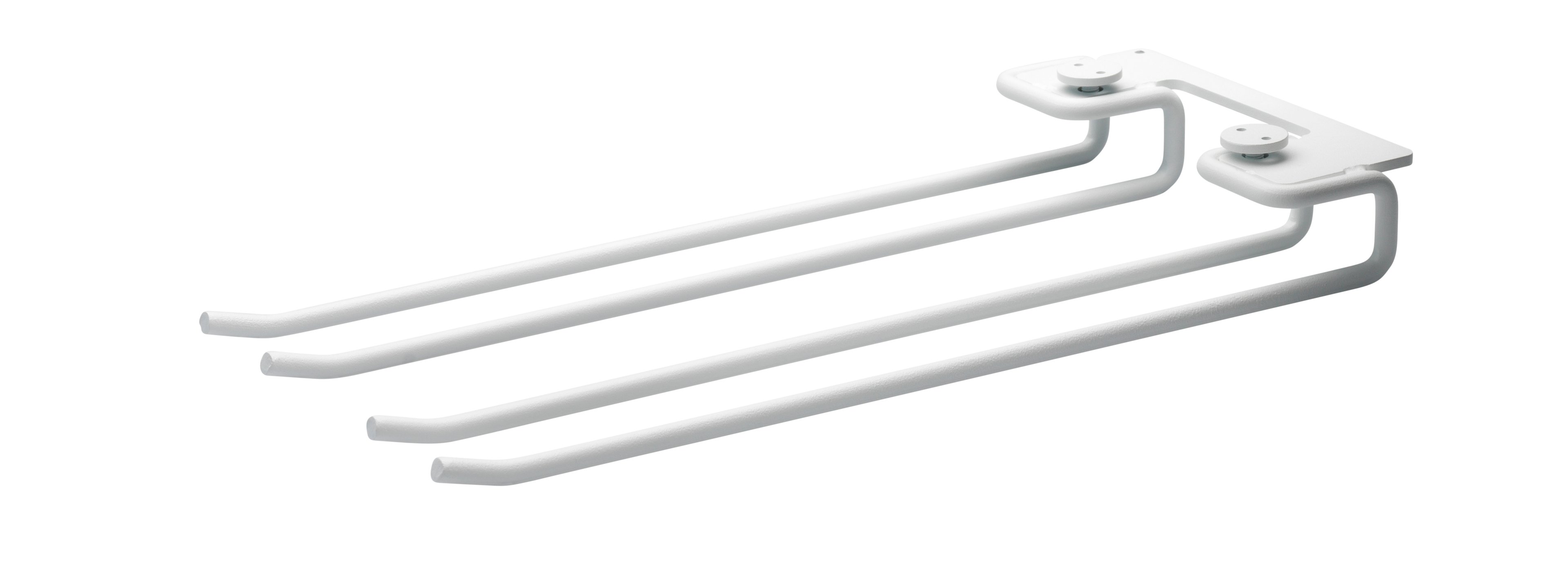 The hanger racks are created to optimize a shelving combination with metal or galvanized shelves. It is the optimal kitchen accessory, and it is available in two different sizes, 20 and 30 cm. Number of wine glasses (diameter of the rim: 7 cm) that fit on 20 cm deep hanger racks are 2-3, and 3-4 on 30 cm deep hanger racks. A 58 cm wide metal shelf can fit up to three hanger racks and a 78 cm wide can fit up to four. Each packaging contains two hanger racks, where each hanger rack has two sets of rails.