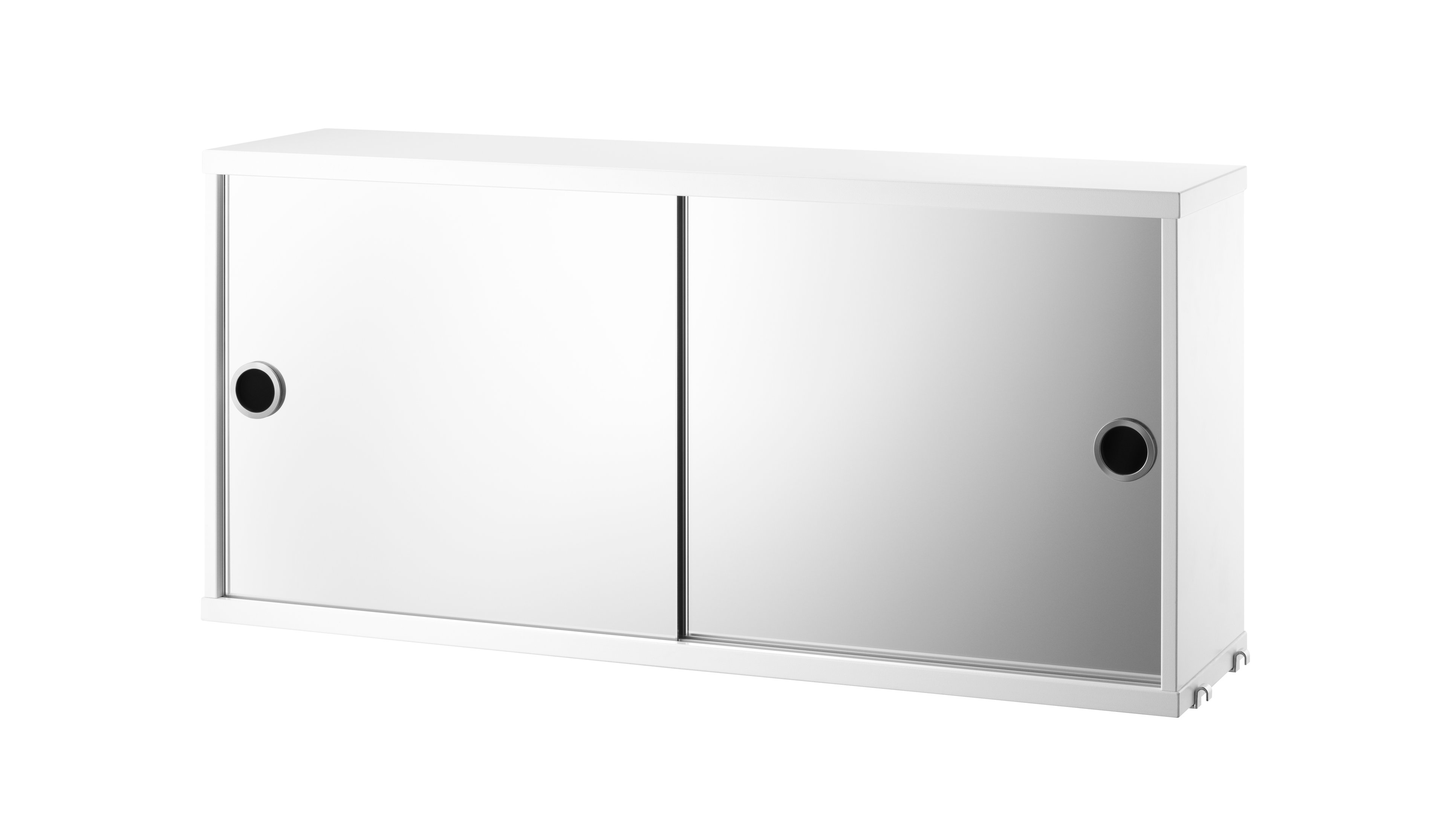The cabinet with sliding mirror doors is available in one width, 78 cm, and one depth, 20 cm. The cabinet fits into all 20 cm deep wire and plex panels from String® System. The cabinet is great to add into your bathroom combination. The sliding mirror doors are smooth to slide to either side and perfect to store toothbrushes and other toiletries you do not want out in the open. The display cabinet consists of one adjustable inner shelf in glass. The cabinet has internal dimensions: w74 x d16 x h33 cm. The cabinet is delivered unassembled.