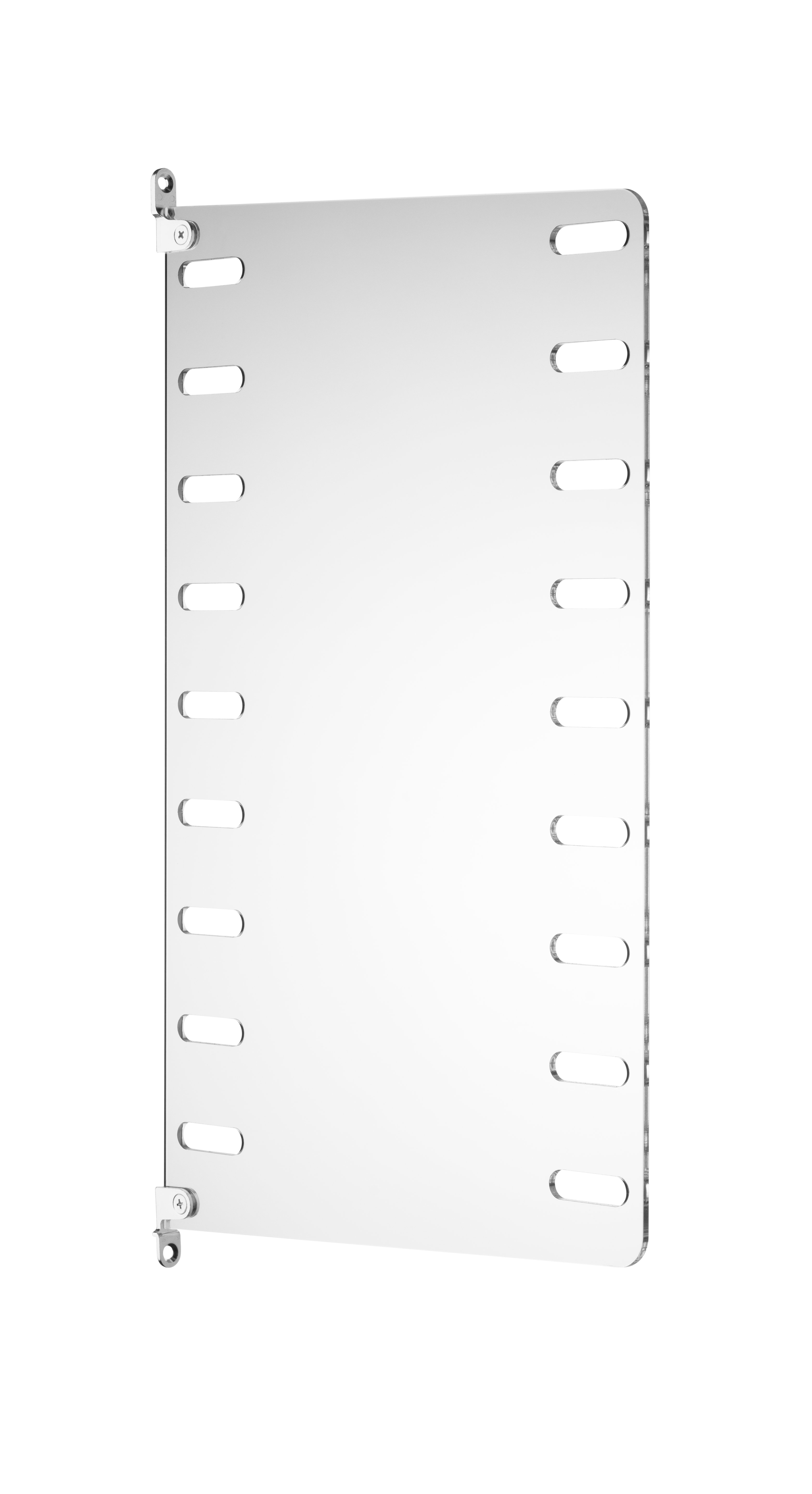 The plex wall panels are available in two heights, 50 and 75 cm, along with two depths, 20 and 30 cm. The panels are the base when building your string shelf. When the panels are decided you can start adding products from String® System. Choose among different shelves, cabinets, and drawers. The wall panels are mounted onto a wall and do not touch either the floor or ceiling. The panels are made of laser cut clear Perspex, which gives the shelf an extra light appearance. The panels come in two different packaging’s, either with one wall panel or two wall panels.