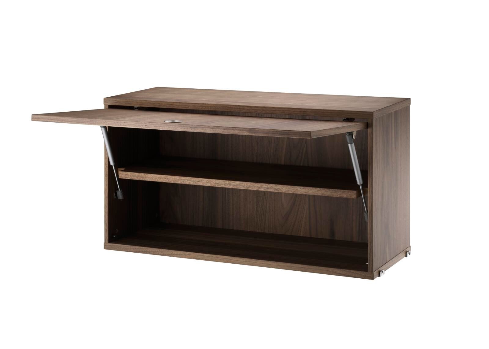 The Cabinet with flip door is available in two widths, 78 cm and 58cm, and one depth, 30 cm. The height of the cabinet is 42 cm. The cabinet fits together with all 30 cm deep wire and plex panels from String® System. The cabinet consists of one adjustable inner shelf. The internal dimensions are w75/w54 x d28.5 x h38 cm. The cabinet is delivered unassembled.