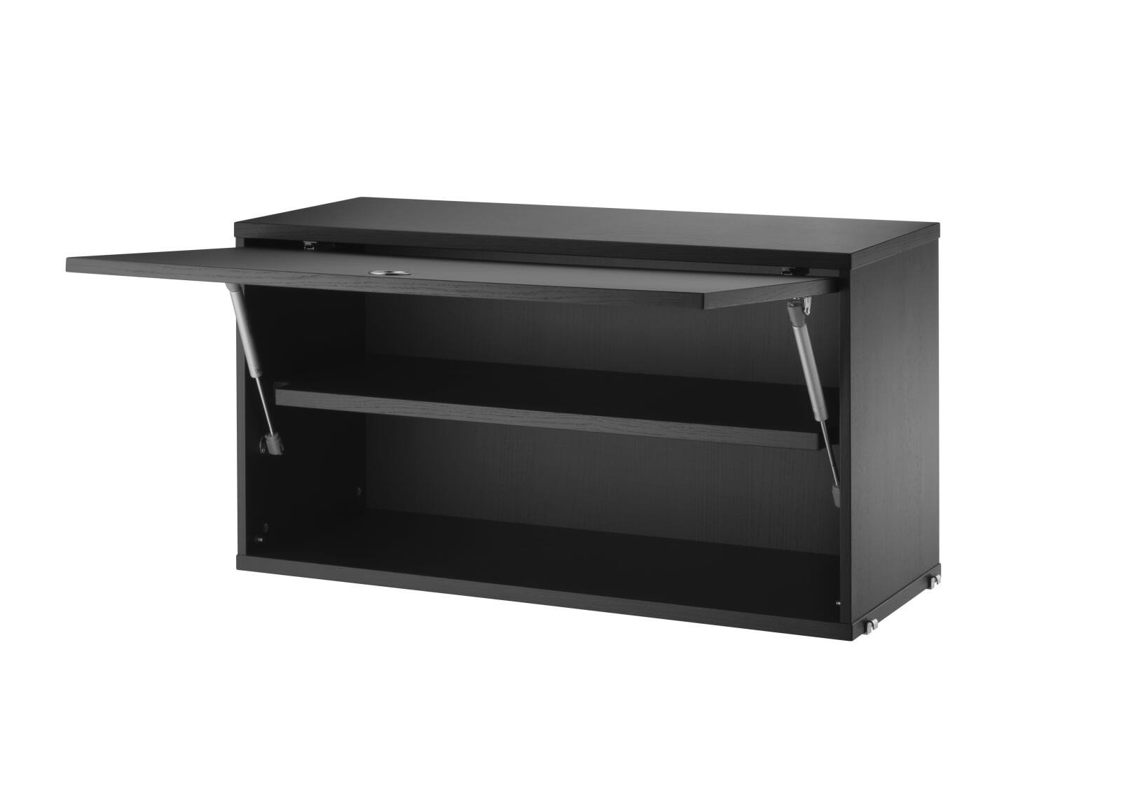 The Cabinet with flip door is available in two widths, 78 cm and 58cm, and one depth, 30 cm. The height of the cabinet is 42 cm. The cabinet fits together with all 30 cm deep wire and plex panels from String® System. The cabinet consists of one adjustable inner shelf. The internal dimensions are w75/w54 x d28.5 x h38 cm. The cabinet is delivered unassembled.
