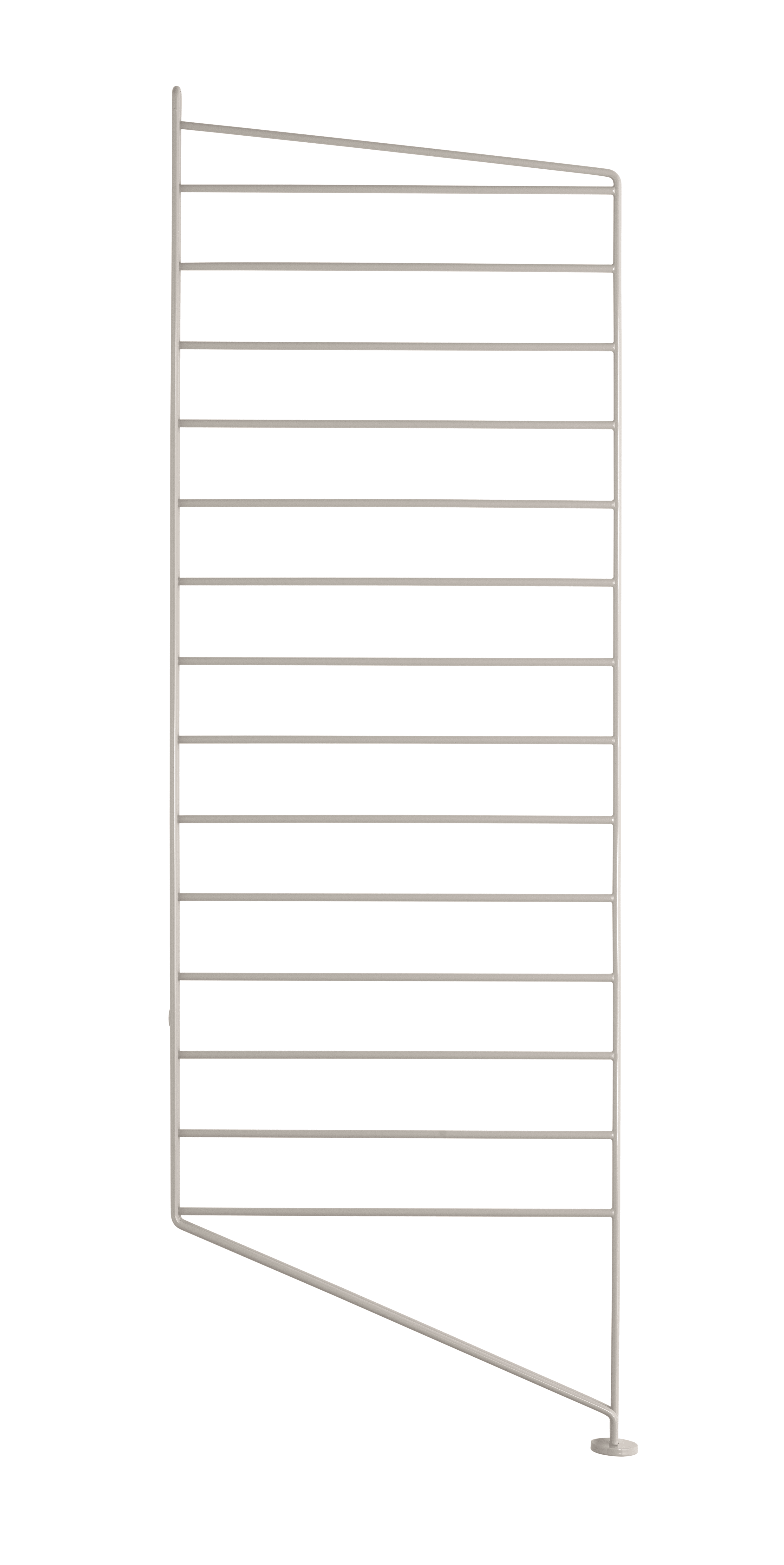 The floor panels are available in three heights, 85 cm, 115 cm, 200 cm along with one depth, 30 cm. The panels are the base when building your string shelf. When the panels are decided you can start adding products with 30 cm depth from String® System. Choose among shelves, cabinets, drawers, magazine shelves and more. The foot of the floor panel rests against the floor which makes the shelf stable while appearing light and airy. Make your shelf even more functional and unique by adding organizers, knife holder or a magazine holder, which all are placed on the panel’s threads. The panels come in two different packaging’s, either with one floor panel or two floor panels.